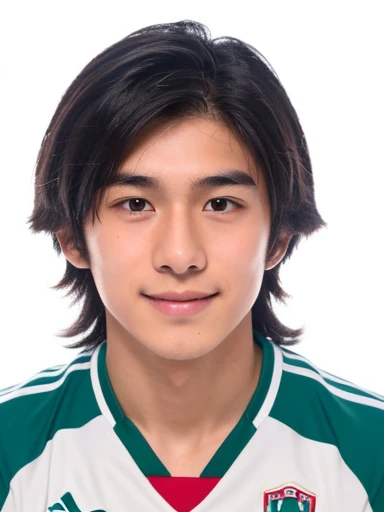 50mm DSLR colour photography of a very detailed headshot fitting all head and hair in frame. 16 year old Japanese and Italian soccer player, with shoulder length hair parted in the center, with a smug smile. Solid white background.