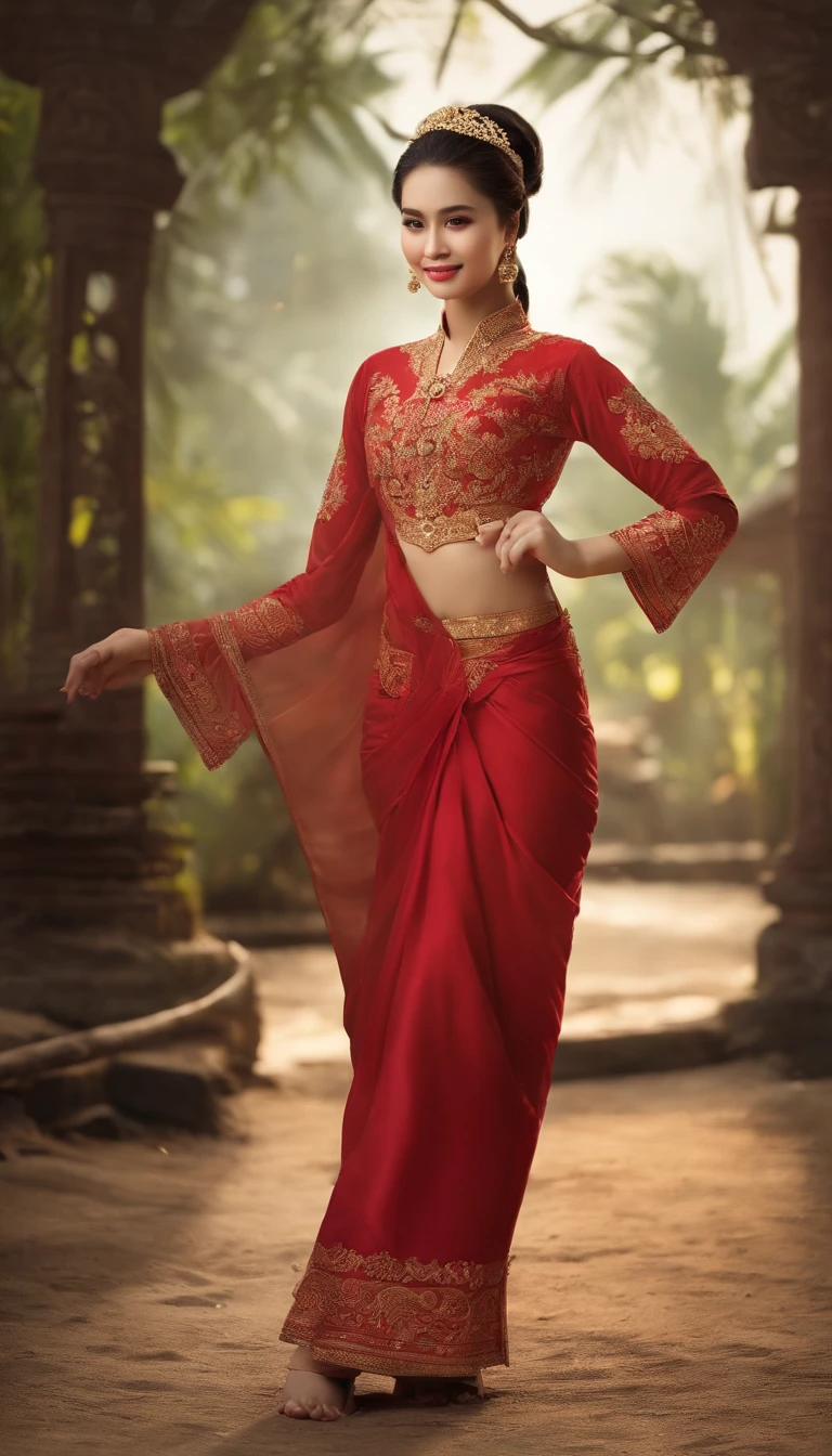 a beautiful warrior with an Indonesian face, 15 years old, smooth white skin, sweet and seductive smiling lips, long hair in a bun, big breasts, wearing a red kebaya, lifting her leg on one side as if kicking her head, until her body tilted, visible part of her lower vagina, the background in highway, human view, best quality, highly detailed and clear, masterpiece, 12k, ultra HD, realistic, lifelike