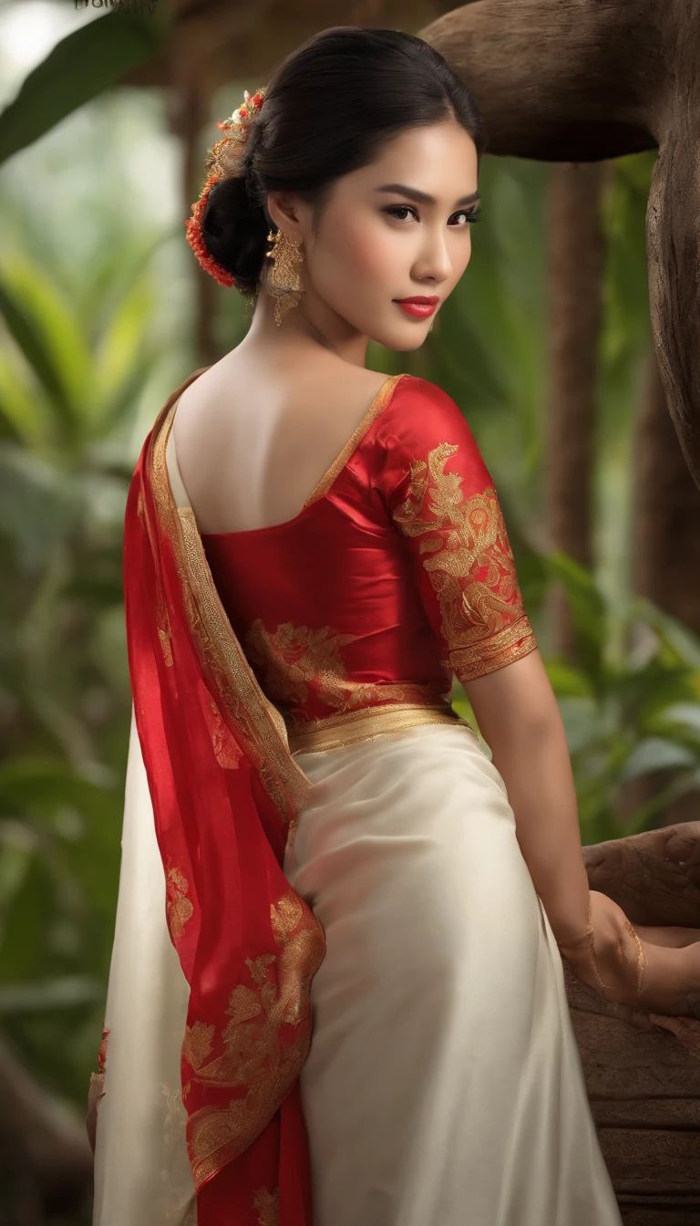 a beautiful warrior with an Indonesian face, 15 years old, smooth white skin, sweet and seductive smiling lips, long hair in a bun, big breasts, wearing a red kebaya, lifting her leg on one side as if kicking her head, until her body tilted, visible part of her lower vagina, the background in highway, human view, best quality, highly detailed and clear, masterpiece, 12k, ultra HD, realistic, lifelike