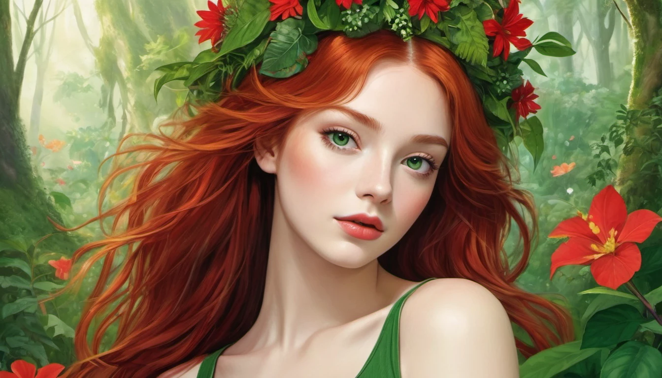 The image portrays a young woman with striking red hair, adorned with a crown of vibrant red flowers and lush green leaves. Her eyes, a captivating shade of green, seem to sparkle with a hint of mischief. She is dressed in a green top that complements the floral crown, adding to the overall harmony of the scene. The background is a lush tapestry of greenery, with various plants and flowers that blend seamlessly with her attire and the floral crown. The image exudes a sense of tranquility and natural beauty, as if the woman is a living embodiment of the forest's enchantment.