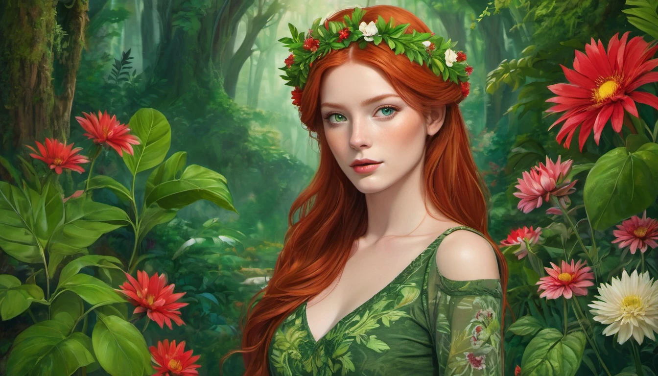 The image portrays a young woman with striking red hair, adorned with a crown of vibrant red flowers and lush green leaves. Her eyes, a captivating shade of green, seem to sparkle with a hint of mischief. She is dressed in a green top that complements the floral crown, adding to the overall harmony of the scene. The background is a lush tapestry of greenery, with various plants and flowers that blend seamlessly with her attire and the floral crown. The image exudes a sense of tranquility and natural beauty, as if the woman is a living embodiment of the forest's enchantment.