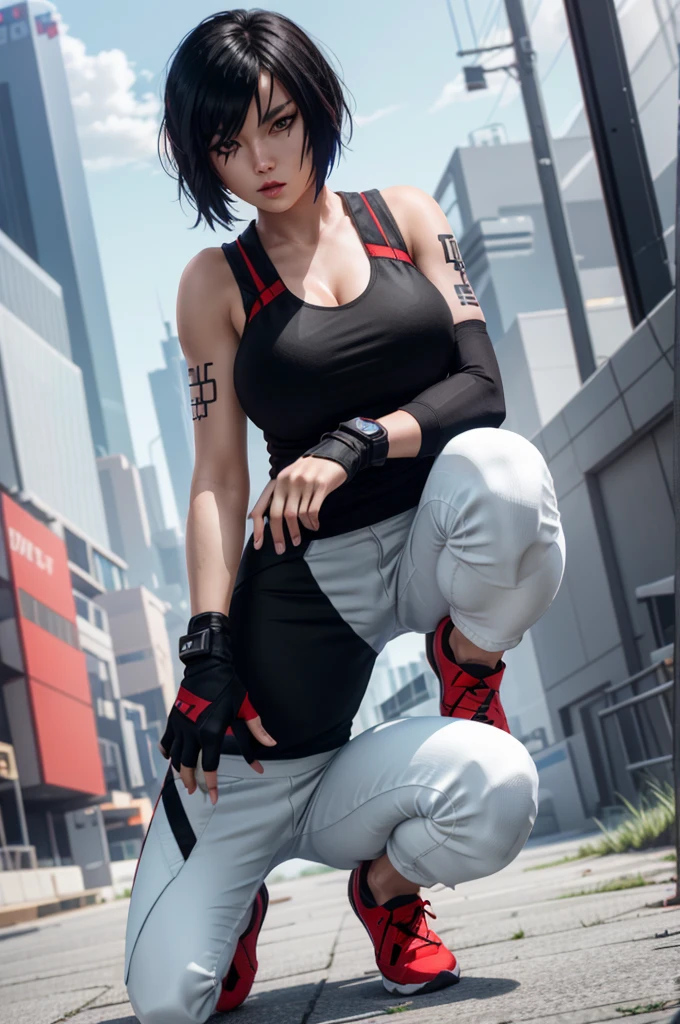 8k resolution, high res, absurd res, FaithMirror, 1girl, solo, gloves, tattoo, fingerless gloves, pants, realistic, one knee, black hair, shoes, sneakers, short hair, tank top, lips, red footwear, face tattoo, big boob, large breasts, exposed cleavage, thicc, wide hips, big eyes, tight clothes