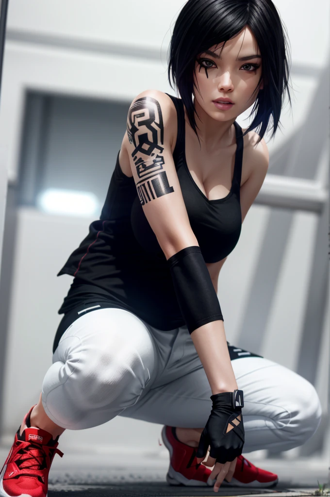 8k resolution, high res, absurd res, FaithMirror, 1girl, solo, gloves, tattoo, fingerless gloves, pants, realistic, one knee, black hair, shoes, sneakers, short hair, tank top, lips, red footwear, face tattoo, big boob, large breasts, exposed cleavage, thicc, wide hips, big eyes, tight clothes