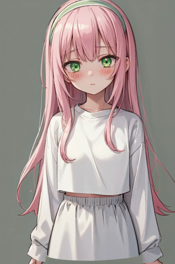 ((1girl, solo)),  masterpiece, best quality, glowing green eyes, pink long hair with bangs,white hairband, cropped torso, white sweater, looking at viewer, expressionless, blushing, green backround, sketch 