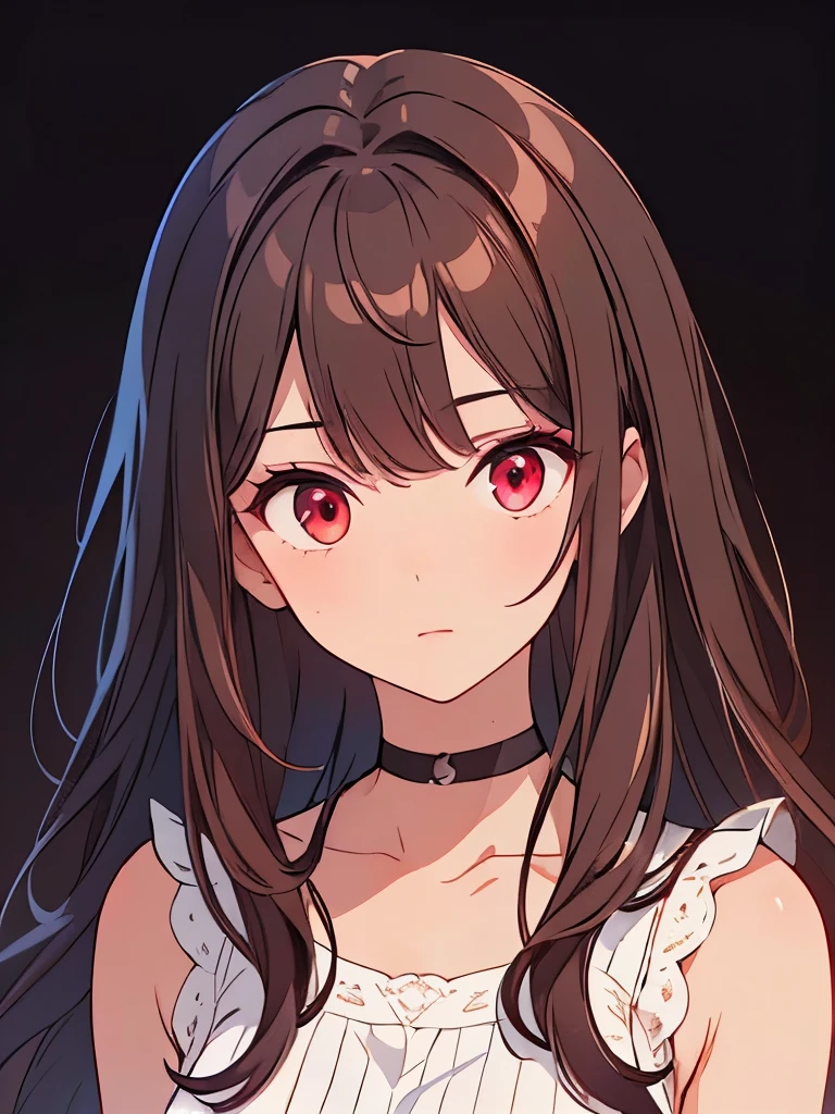 [(black background:1.5)::5], (masterpiece:1.2), (upper body:1.5), (portrait), 1girl, best quality, game cg, perfect face, detailed eyes, long hair, dark brown hair, dark red eyes, looking at viewer, centered, white blouse, black leggings, simple choker