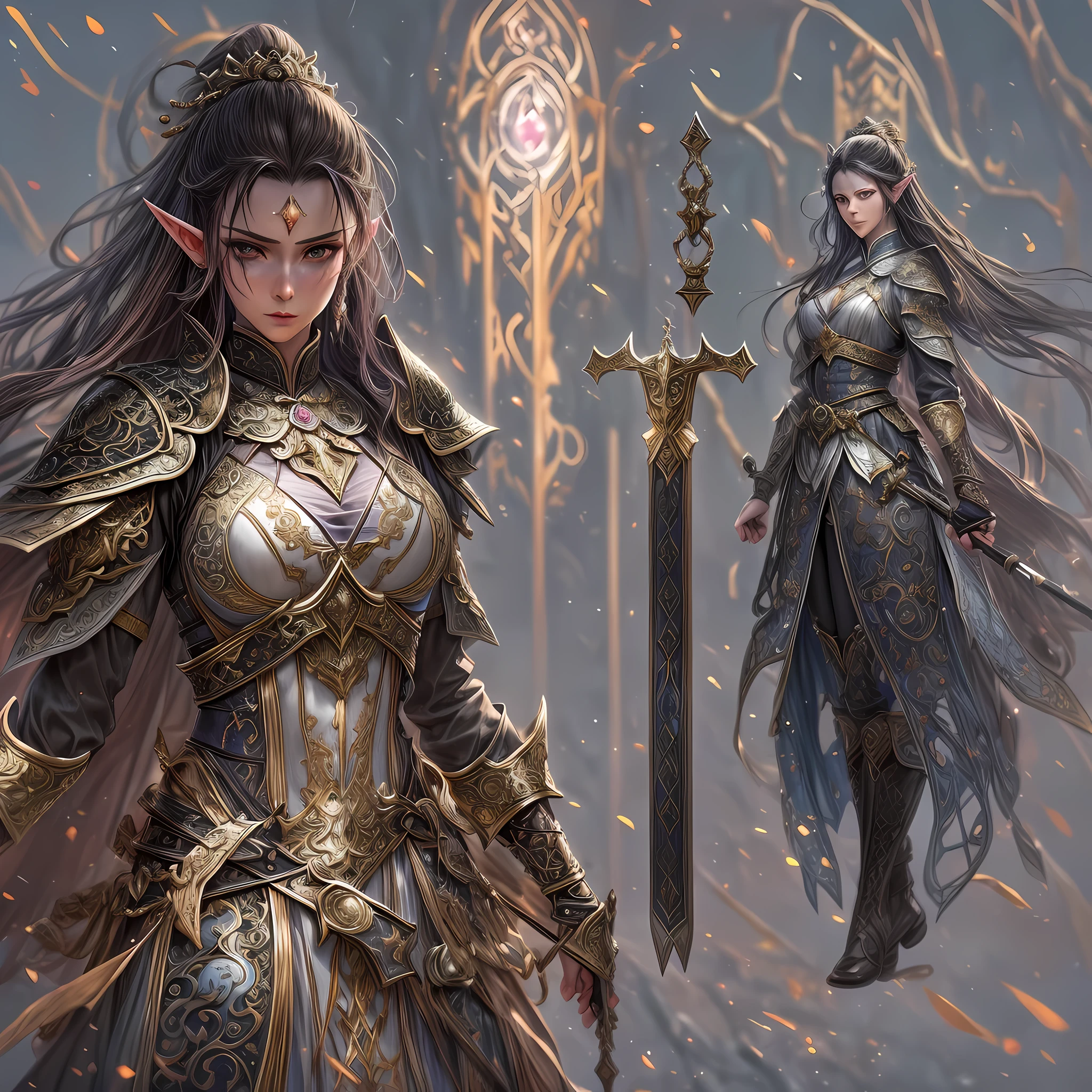 a picture of a female elf (intense details, Masterpiece, best quality: 1.5) fantasy swashbuckler, fantasy fencer, armed with a slim sword, shinning sword, metallic shine, colorful clothes, dynamic clothing, an ultra wide shot, full body (intense details, Masterpiece, best quality: 1.5)epic beautiful female elf (intense details, Masterpiece, best quality: 1.5), rich hair, braided hair, small pointed ears, GlowingRunes_pink [colorful magical sigils in the air],[ colorful arcane markings floating] (intricate details, Masterpiece, best quality: 1.6), holding a [sword] (intricate details, Masterpiece, best quality: 1.6) holding a [sword glowing in red light]fantasy urban street (intense details, Masterpiece, best quality: 1.5),  purple cloak, long cloak (intense details, Masterpiece, best quality: 1.5), sense of daring, sense of adventure,  high details, best quality, 8k, [ultra detailed], masterpiece, best quality, (extremely detailed), dynamic angle, ultra wide shot, photorealistic, RAW, fantasy art, dnd art,fantasy art, realistic art, xuer Ancient Chinese sword
