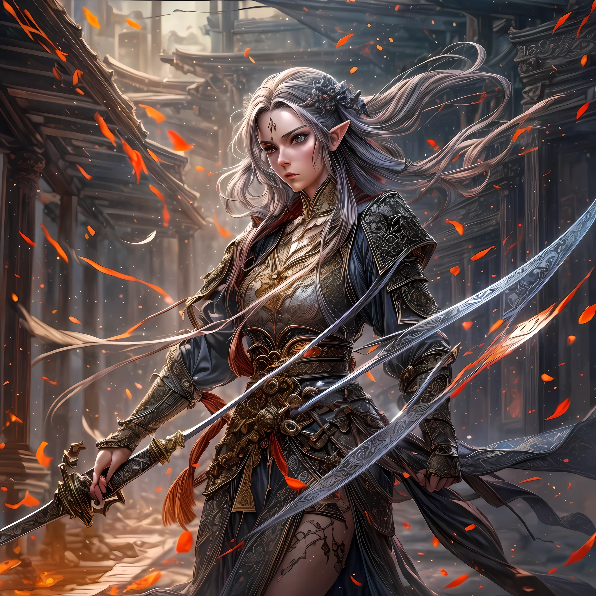 a picture of a female elf (intense details, Masterpiece, best quality: 1.5) fantasy swashbuckler, fantasy fencer, armed with a slim sword, shinning sword, metallic shine, colorful clothes, dynamic clothing, an ultra wide shot, full body (intense details, Masterpiece, best quality: 1.5)epic beautiful female elf (intense details, Masterpiece, best quality: 1.5), rich hair, braided hair, small pointed ears, GlowingRunes_pink [colorful magical sigils in the air],[ colorful arcane markings floating] (intricate details, Masterpiece, best quality: 1.6), holding a [sword] (intricate details, Masterpiece, best quality: 1.6) holding a [sword glowing in red light]fantasy urban street (intense details, Masterpiece, best quality: 1.5),  purple cloak, long cloak (intense details, Masterpiece, best quality: 1.5), sense of daring, sense of adventure,  high details, best quality, 8k, [ultra detailed], masterpiece, best quality, (extremely detailed), dynamic angle, ultra wide shot, photorealistic, RAW, fantasy art, dnd art,fantasy art, realistic art, xuer Ancient Chinese sword