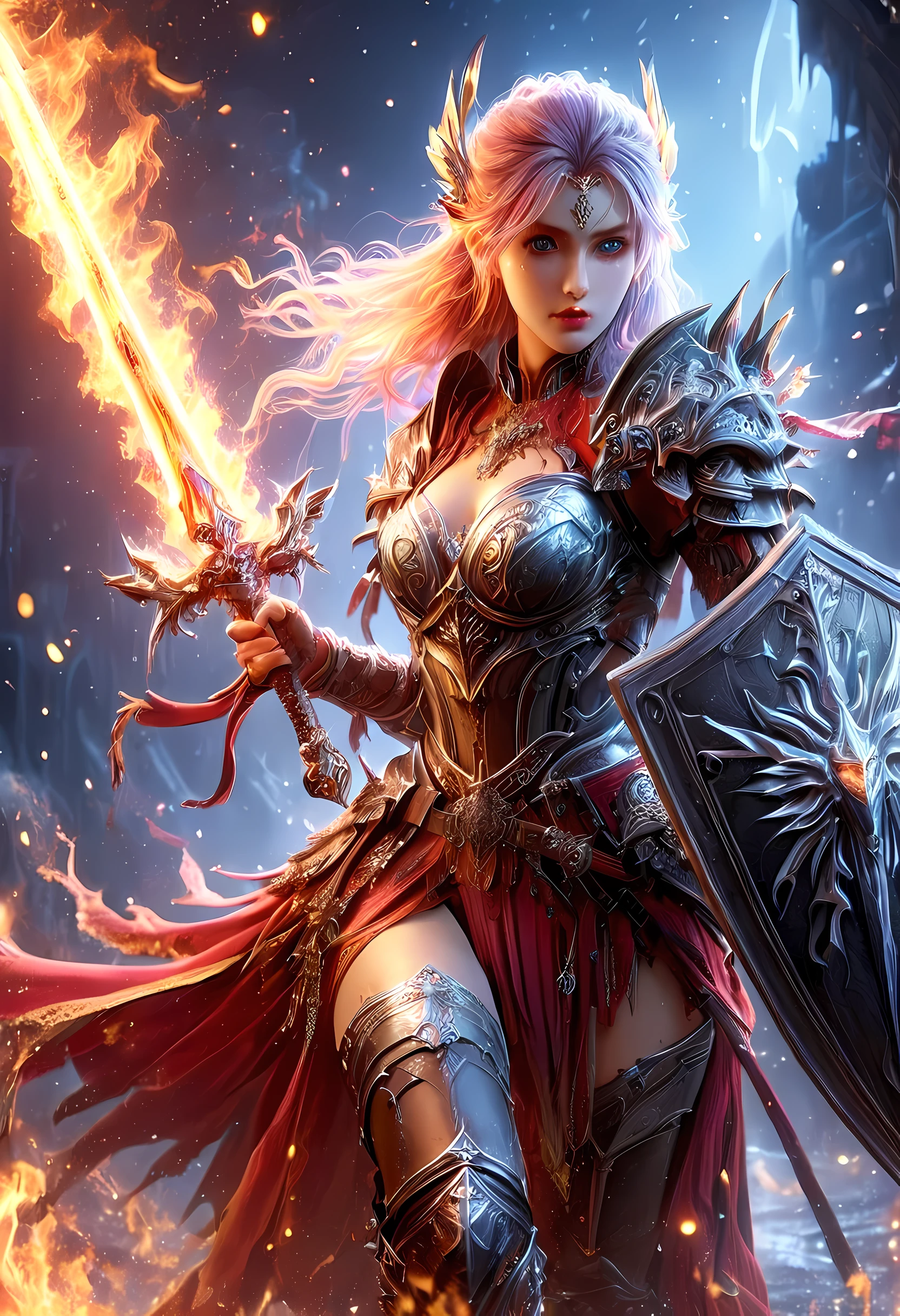 a picture of a female elf (intense details, Masterpiece, best quality: 1.5) fantasy swashbuckler, fantasy fencer, armed with a slim sword, shinning sword, metallic shine, colorful clothes, dynamic clothing, an ultra wide shot, full body (intense details, Masterpiece, best quality: 1.5)epic beautiful female elf (intense details, Masterpiece, best quality: 1.5), rich hair, braided hair, small pointed ears, GlowingRunes_pink [colorful magical sigils in the air],[ colorful arcane markings floating] (intricate details, Masterpiece, best quality: 1.6), holding a [sword] (intricate details, Masterpiece, best quality: 1.6) holding a [sword glowing in red light]fantasy urban street (intense details, Masterpiece, best quality: 1.5),  purple cloak, long cloak (intense details, Masterpiece, best quality: 1.5), sense of daring, sense of adventure,  high details, best quality, 8k, [ultra detailed], masterpiece, best quality, (extremely detailed), dynamic angle, ultra wide shot, photorealistic, RAW, fantasy art, dnd art,fantasy art, realistic art, faize, Sword and shield