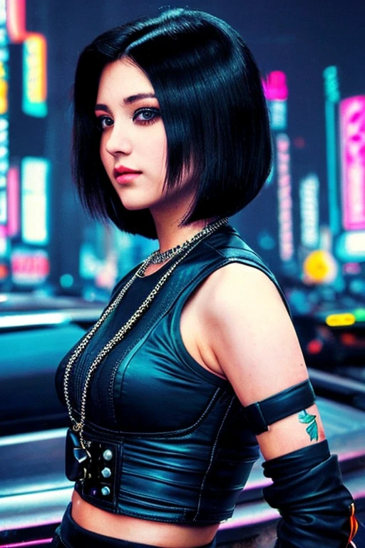 Una joven pelirroja sexy con pelo corto, cyberpunk