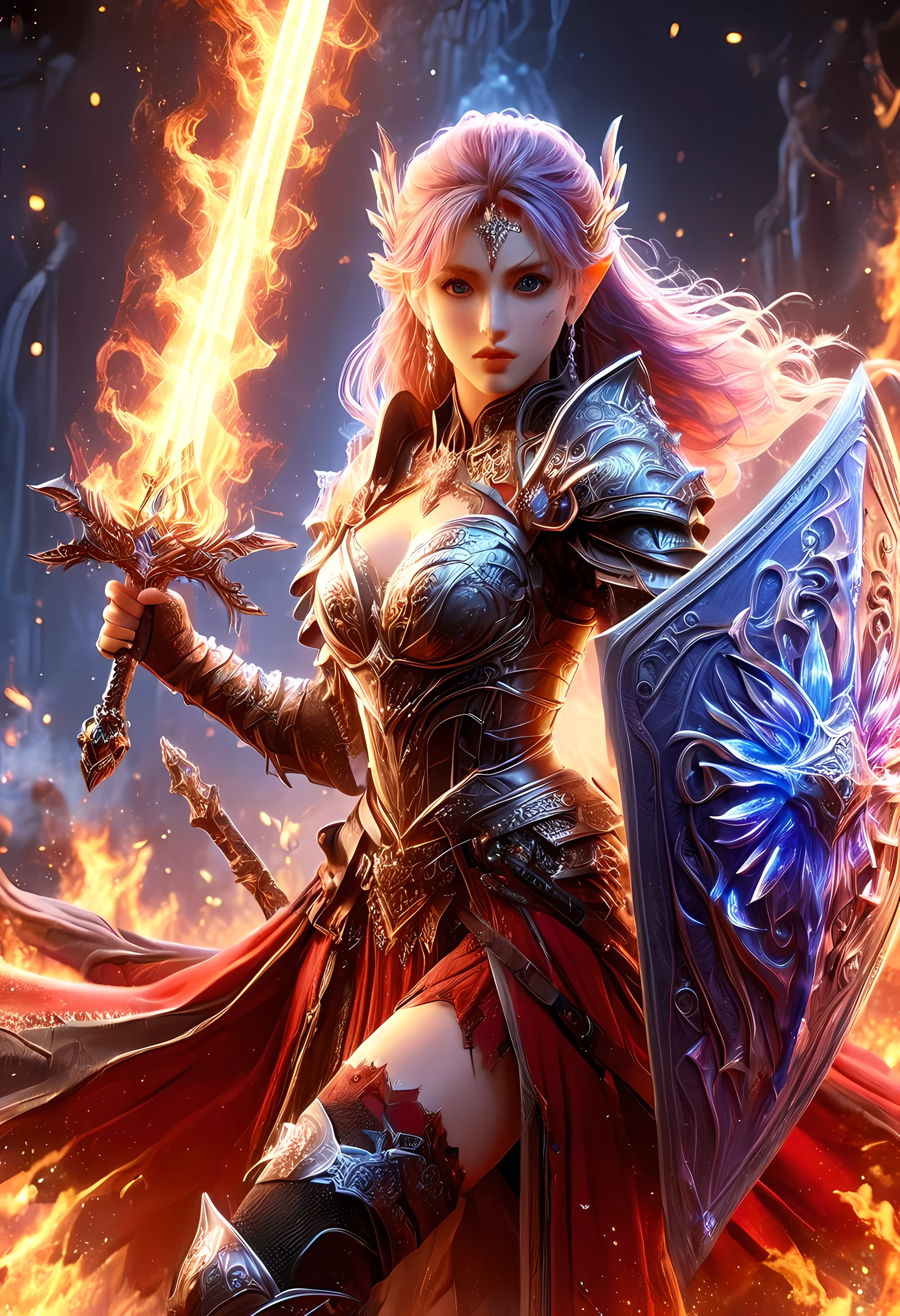 a picture of a female elf (intense details, Masterpiece, best quality: 1.5) fantasy swashbuckler, fantasy fencer, armed with a slim sword, shinning sword, metallic shine, colorful clothes, dynamic clothing, an ultra wide shot, full body (intense details, Masterpiece, best quality: 1.5)epic beautiful female elf (intense details, Masterpiece, best quality: 1.5), rich hair, braided hair, small pointed ears, GlowingRunes_pink [colorful magical sigils in the air],[ colorful arcane markings floating] (intricate details, Masterpiece, best quality: 1.6), holding a [sword] (intricate details, Masterpiece, best quality: 1.6) holding a [sword glowing in red light]fantasy urban street (intense details, Masterpiece, best quality: 1.5),  purple cloak, long cloak (intense details, Masterpiece, best quality: 1.5), sense of daring, sense of adventure,  high details, best quality, 8k, [ultra detailed], masterpiece, best quality, (extremely detailed), dynamic angle, ultra wide shot, photorealistic, RAW, fantasy art, dnd art,fantasy art, realistic art, faize, Sword and shield