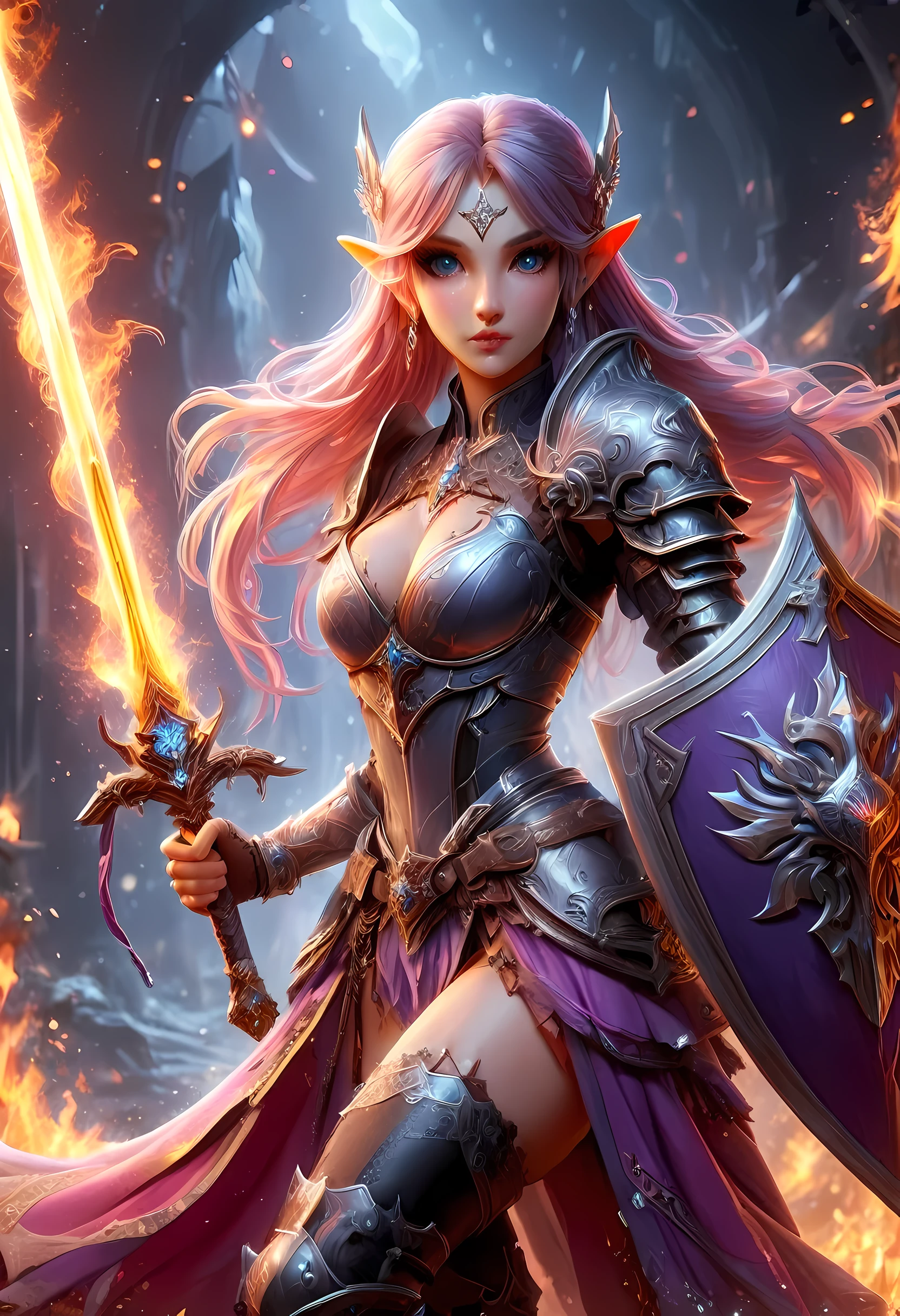 a picture of a female elf (intense details, Masterpiece, best quality: 1.5) fantasy swashbuckler, fantasy fencer, armed with a slim sword, shinning sword, metallic shine, colorful clothes, dynamic clothing, an ultra wide shot, full body (intense details, Masterpiece, best quality: 1.5)epic beautiful female elf (intense details, Masterpiece, best quality: 1.5), rich hair, braided hair, small pointed ears, GlowingRunes_pink [colorful magical sigils in the air],[ colorful arcane markings floating] (intricate details, Masterpiece, best quality: 1.6), holding a [sword] (intricate details, Masterpiece, best quality: 1.6) holding a [sword glowing in red light]fantasy urban street (intense details, Masterpiece, best quality: 1.5),  purple cloak, long cloak (intense details, Masterpiece, best quality: 1.5), sense of daring, sense of adventure,  high details, best quality, 8k, [ultra detailed], masterpiece, best quality, (extremely detailed), dynamic angle, ultra wide shot, photorealistic, RAW, fantasy art, dnd art,fantasy art, realistic art, faize, Sword and shield