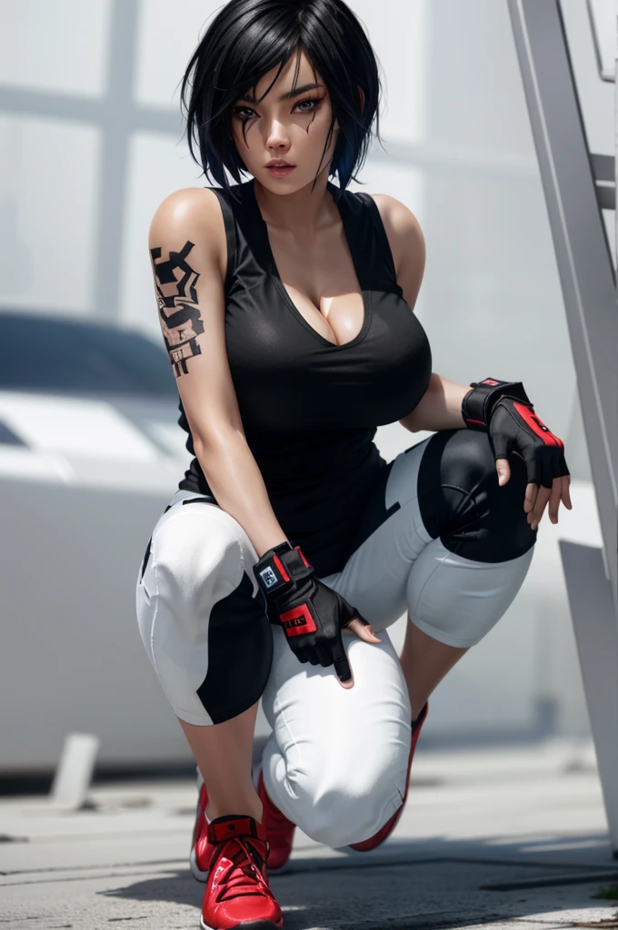 8k resolution, high res, absurd res, FaithMirror, 1girl, solo, gloves, tattoo, fingerless gloves, pants, realistic, one knee, black hair, shoes, sneakers, short hair, tank top, lips, red footwear, face tattoo, big boob, large breasts, exposed cleavage, thicc, wide hips, big eyes, tight clothes