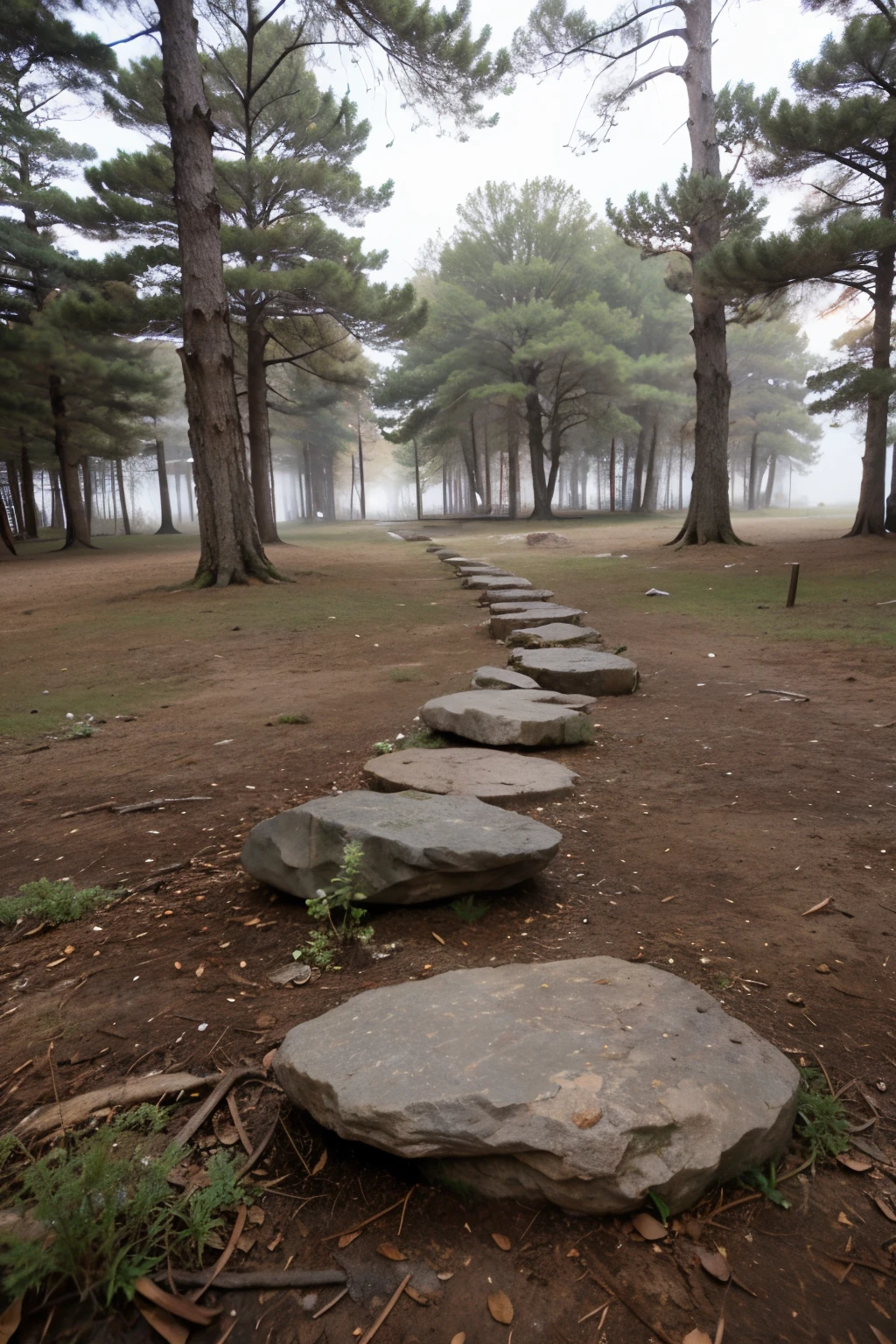 rocas super altas en forma de circulo en bosque con niebla