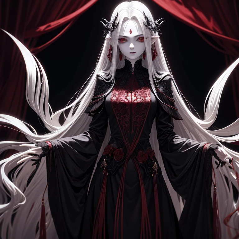Beautiful evil demon woman with pale skin and red eyes, her pale hair cascading down in luscious waves. A masterpiece of artistry in the finest quality, with every detail exquisitely rendered in high definition (best quality, highres:1.2). Her eyes, deep-set and menacing, are described as being extremely detailed with vivid, almost otherworldly red hues. The intricacies of her long, flowing hair are brought to life in a meticulous oil painting, with HDR lighting illuminating each strand and contributing to the overall sense of depth and dimension. A physical representation of evil, her pale complexion is contrasted by her fiery red eyes, creating an all