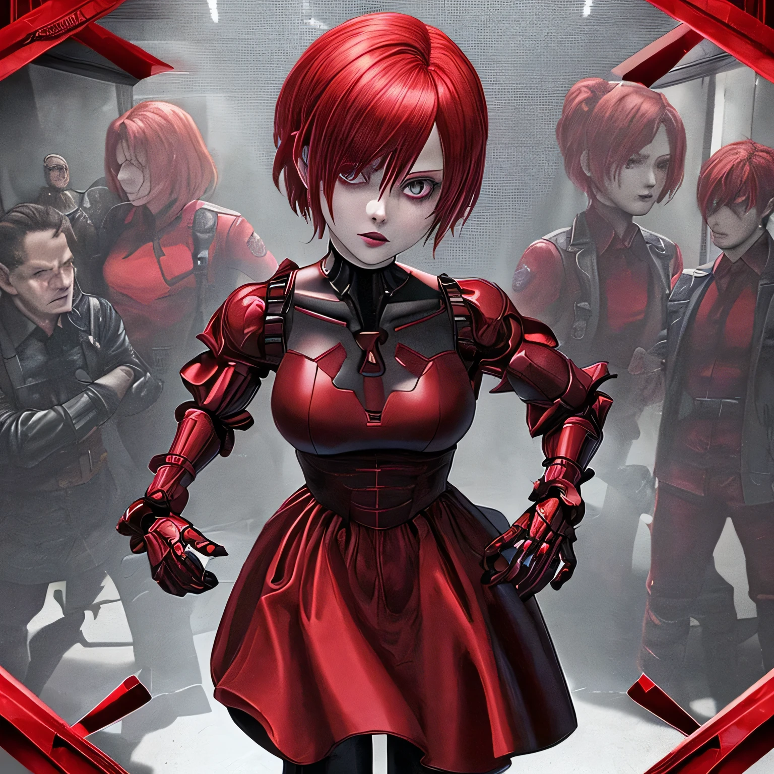 Resident evil kid red queen a red artificial intelligence hologram with a polite and kind appearance who commands an evil organization of soldier-like agents