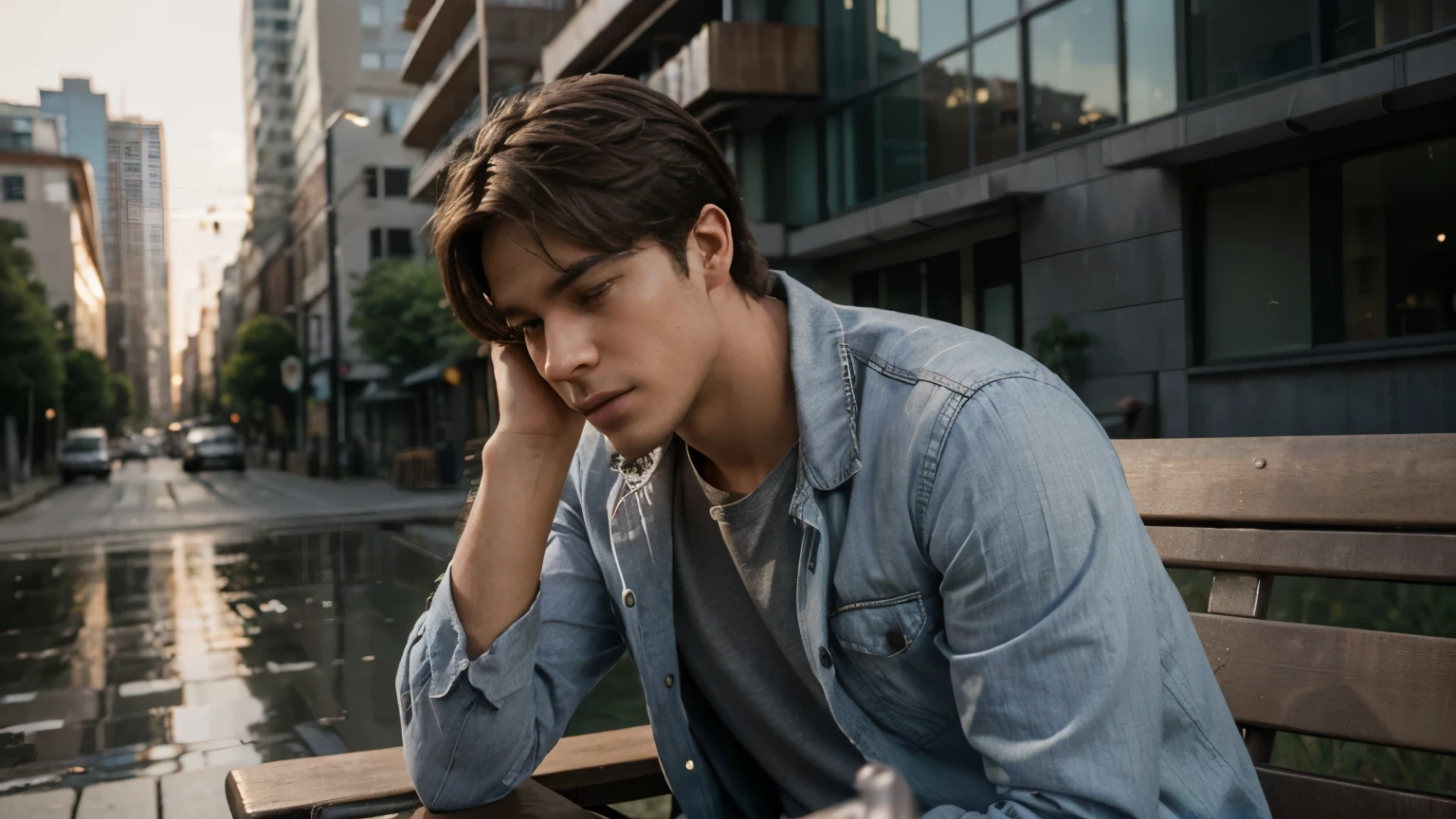 hyperrealistic image of a young adult male that is described in the text is tremendously realistic. Numerous carefully crafted details can be seen, from the texture of the young man's shirt and pants to the roughness of the wood of the bench on which he sits. Even tiny details can be made out, such as the pores of the person's skin.

The lighting is especially striking, capturing the subtlety of the effects of the evening light on the young man's skin, creating a melancholic but peaceful atmosphere. The expression on the young man's face reflects the tranquility of the afternoon, while his eyes focus on something outside the frame, immersed in his thoughts. In the distance, the tall, weathered buildings of the urban environment loom, reflecting the last rays of sunlight of the day.

The image seems to be full of contrasts, between the new and the old, the fleeting and the permanent, the calm and the vibrant. It is a hyperrealistic art exhibition that captures the beauty and complexity of modern urban life with great sensitivity and realism.