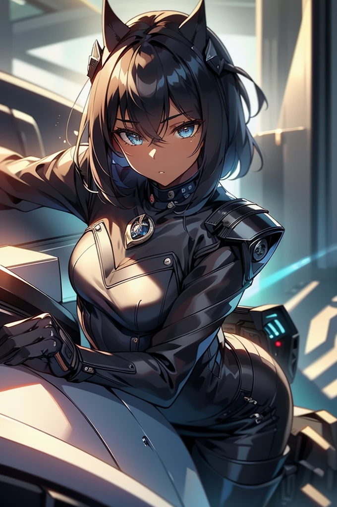 Masterpiece, best quality, 1girl, bunny girl, black latex spacesuit, black hair, busty, small waist, in a spaceship, panorama window, bunny ears