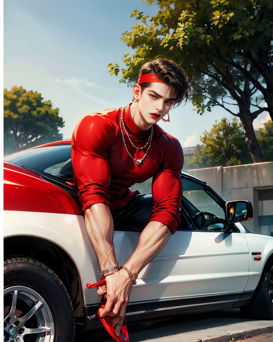 HD quality, high definition, male 18 years old handsome, muscular and slim, red lips, leaning against a sports car, naked or wearing thong, model with bracelets, earrings and Necklace, wearing head band and sunglasses, open red sweater, full sexy body, mouth open, eyebrowse angry, side view, wearing shoes