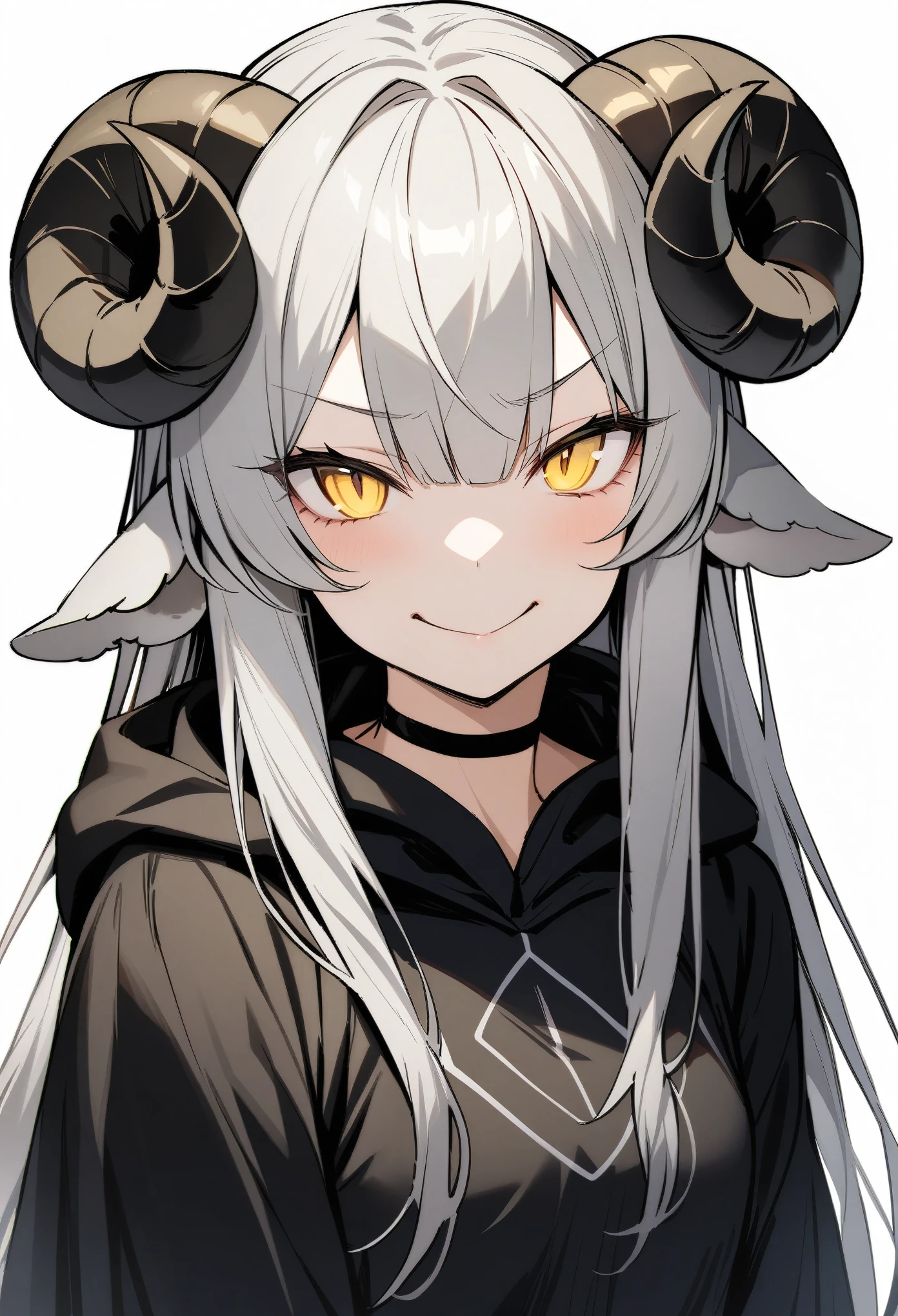 (score_9, score_8_up, score_7_up), 1girl, solo, (sheep horns, curled horns, black horns), (white sheep ears), white hair, long hair, hime cut, long bangs, yellow eyes, evil smile, smug, :>, small breasts, standing, (hooded cloak), (white background, simple background), upper body, highres, detailed, best quality, masterpiece,