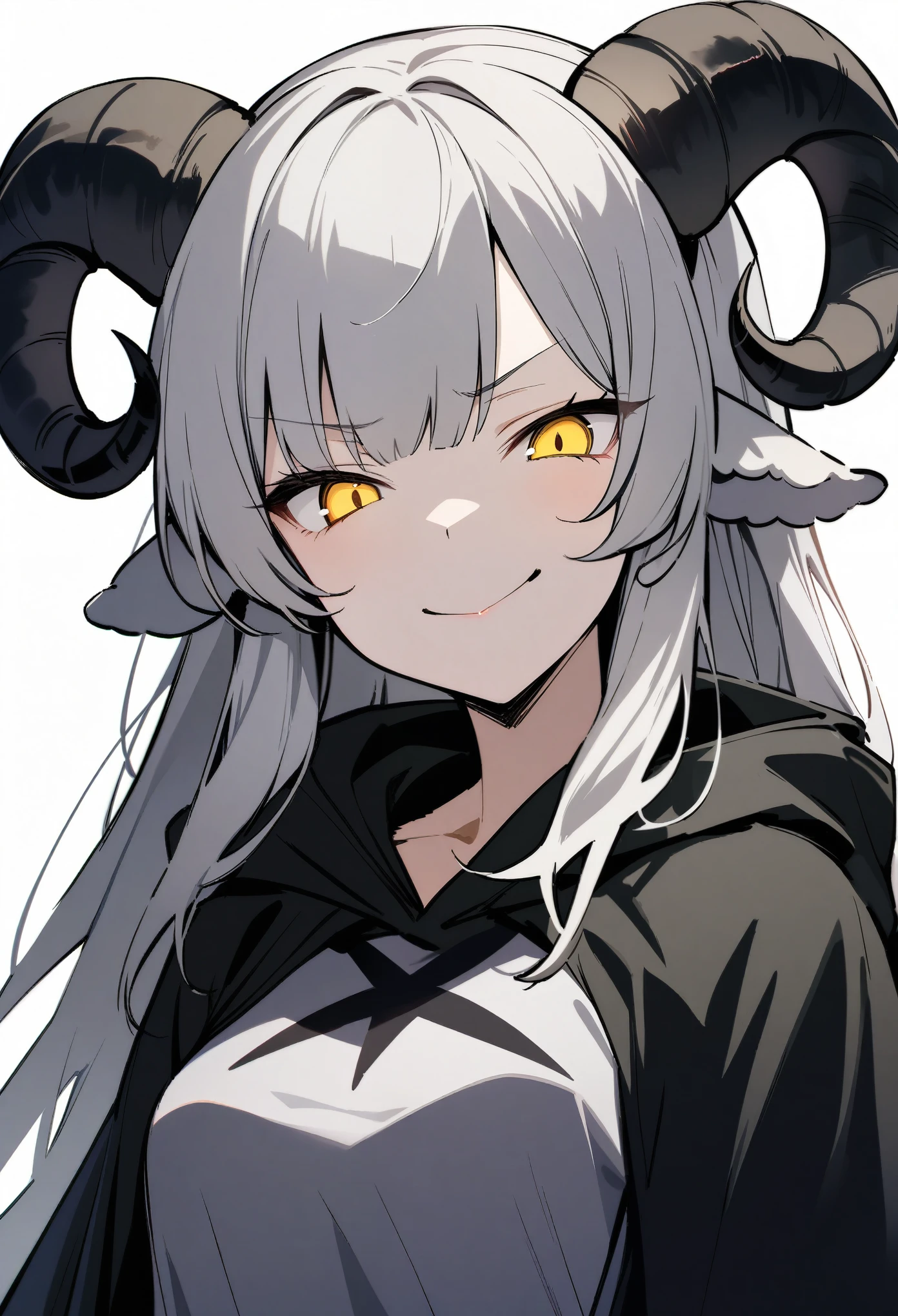 (score_9, score_8_up, score_7_up), 1girl, solo, (sheep horns, curled horns, black horns), (white sheep ears), white hair, long hair, hime cut, long bangs, yellow eyes, evil smile, smug, :>, small breasts, standing, (hooded cloak), (white background, simple background), upper body, highres, detailed, best quality, masterpiece,