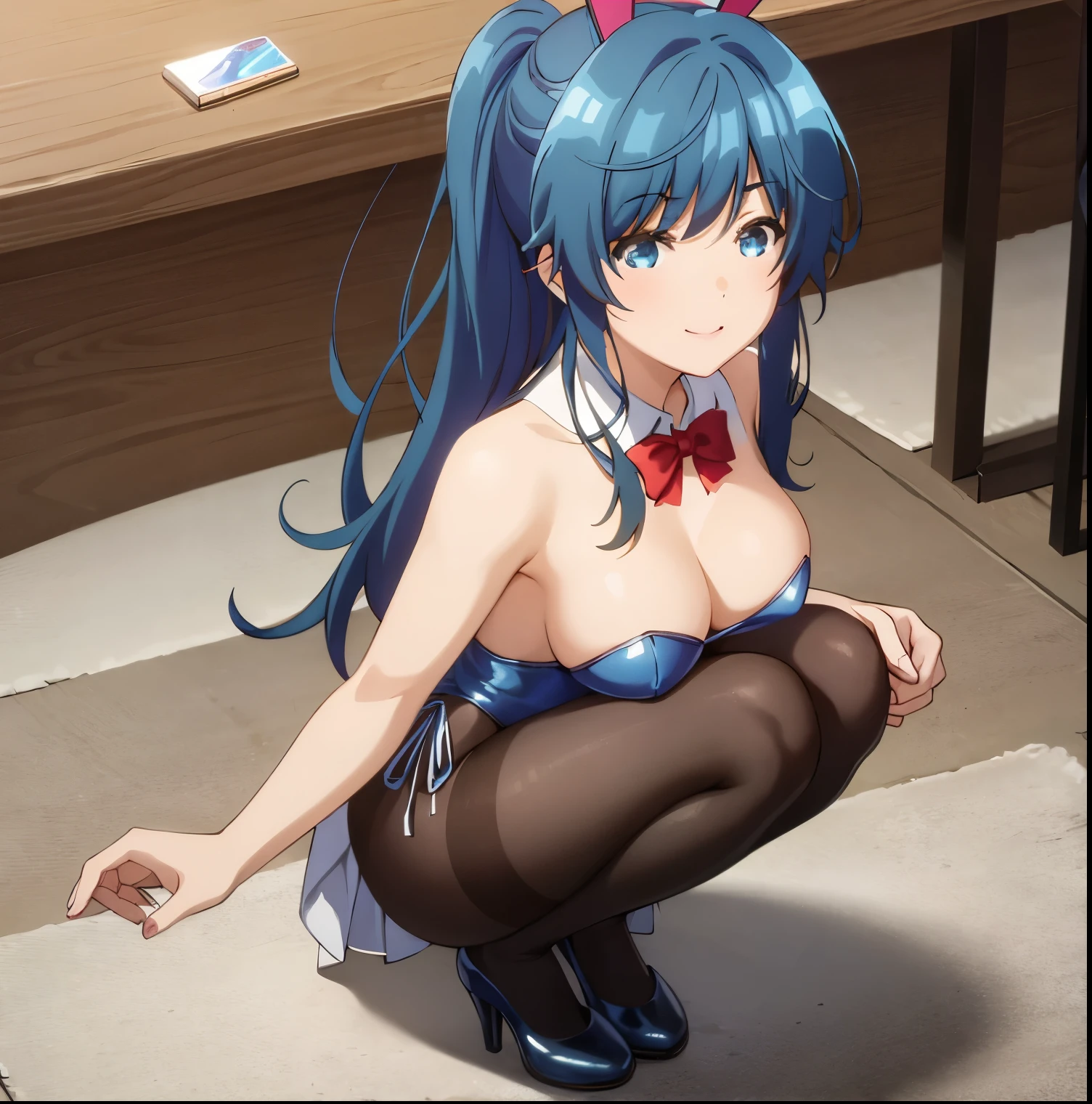 1girl,alone,minami,nanami,best quality,(Masterpiece:1.2),detailed,smile,mouth closed, blue hair, blue eyes, long hair, ponytail, dark red playboy bunny outfit, red headband, playboy bunny ears, black pantyhose, white bunny tail, bare back, blue heels, big breasts, medium waist, wide hips, medium thighs, casino, twerking, back facing the viewer ,pov (from above), good lighting, perfect anatomy, perfect hands,