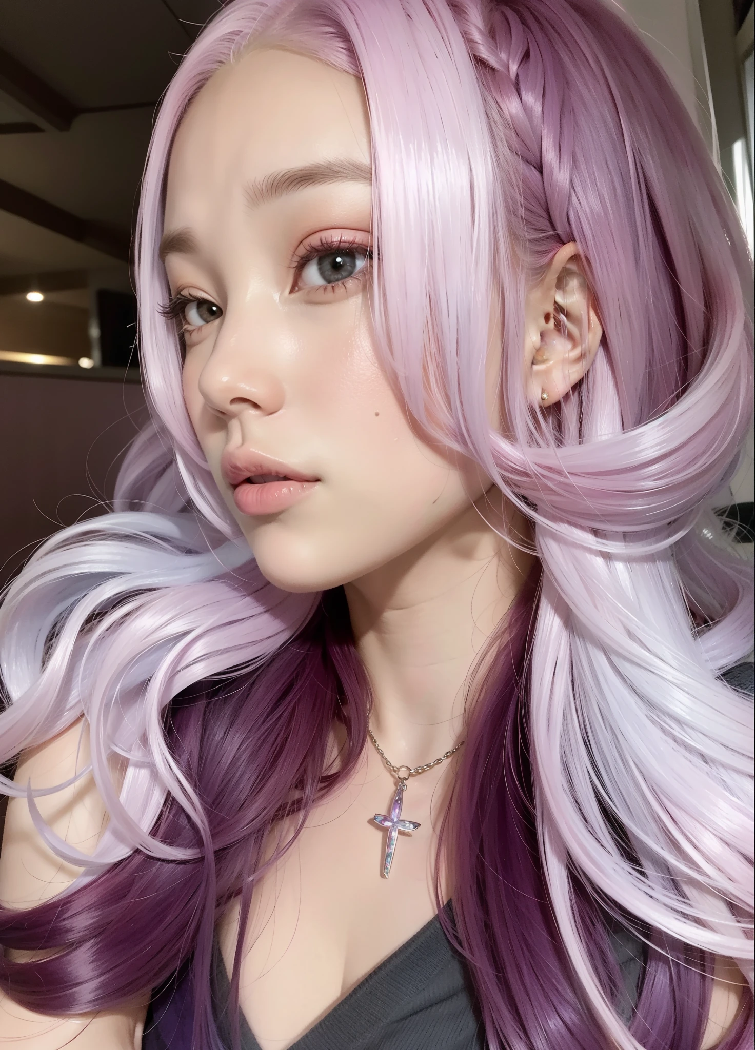 um close de uma mulher com longos cabelos rosa e piercings, cabelo rosado e ralo, cabelo rosa claro com chamas rosa, com cabelo rosa, cabelo de duas cores, mechas brancas no cabelo, long Flowing pink hair, quanto, tintura de cabelo em dois tons, with few vivid purple highlights, Flowing pink hair, com mecha branca no cabelo, cabelo rosa cacheado