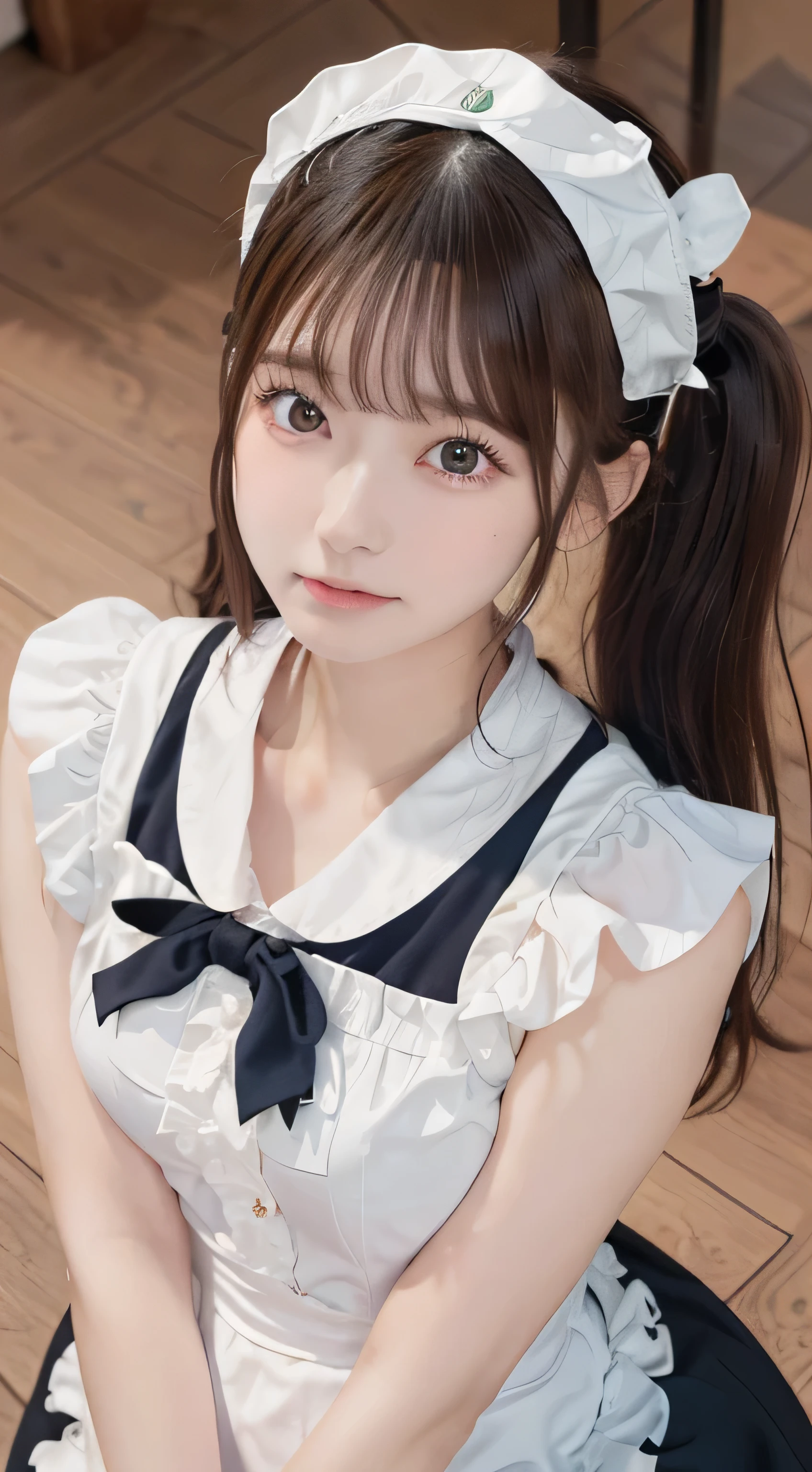 Tabletop, highest quality, figure, Very detailed, In detail, High resolution, 8k wallpaper, Perfect dynamic composition, ((close:1.3, From above, View your viewers)), Beautiful fine details , (Wearing a cotton maid outfit, , Cute Ruffle Girl Dress, Maid's headband, The color base is white、black、green),Twin tails