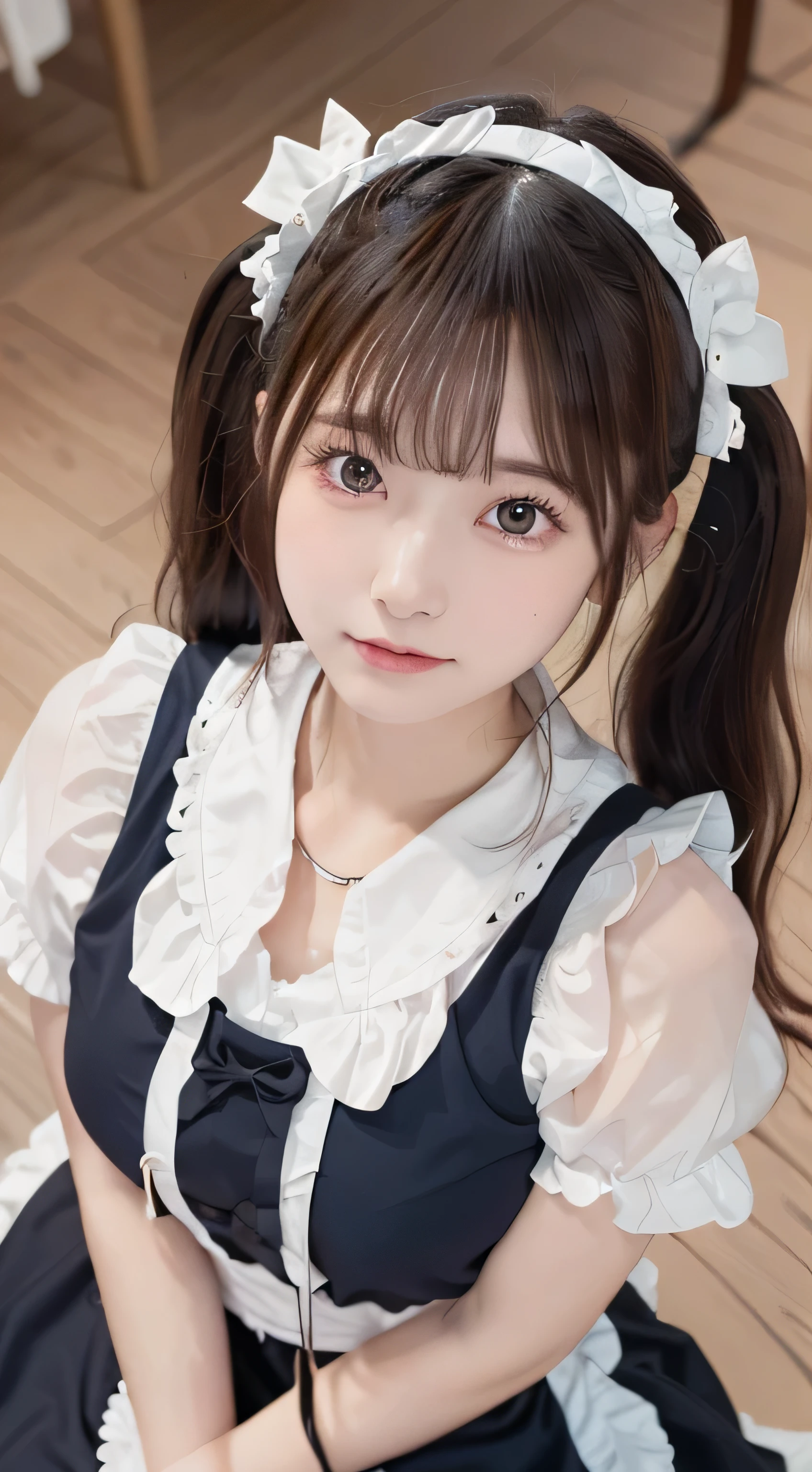 Tabletop, highest quality, figure, Very detailed, In detail, High resolution, 8k wallpaper, Perfect dynamic composition, ((close:1.3, From above, View your viewers)), Beautiful fine details , (Wearing a cotton maid outfit, , Cute Ruffle Girl Dress, Maid's headband, The color base is white、black、green),Twin tails