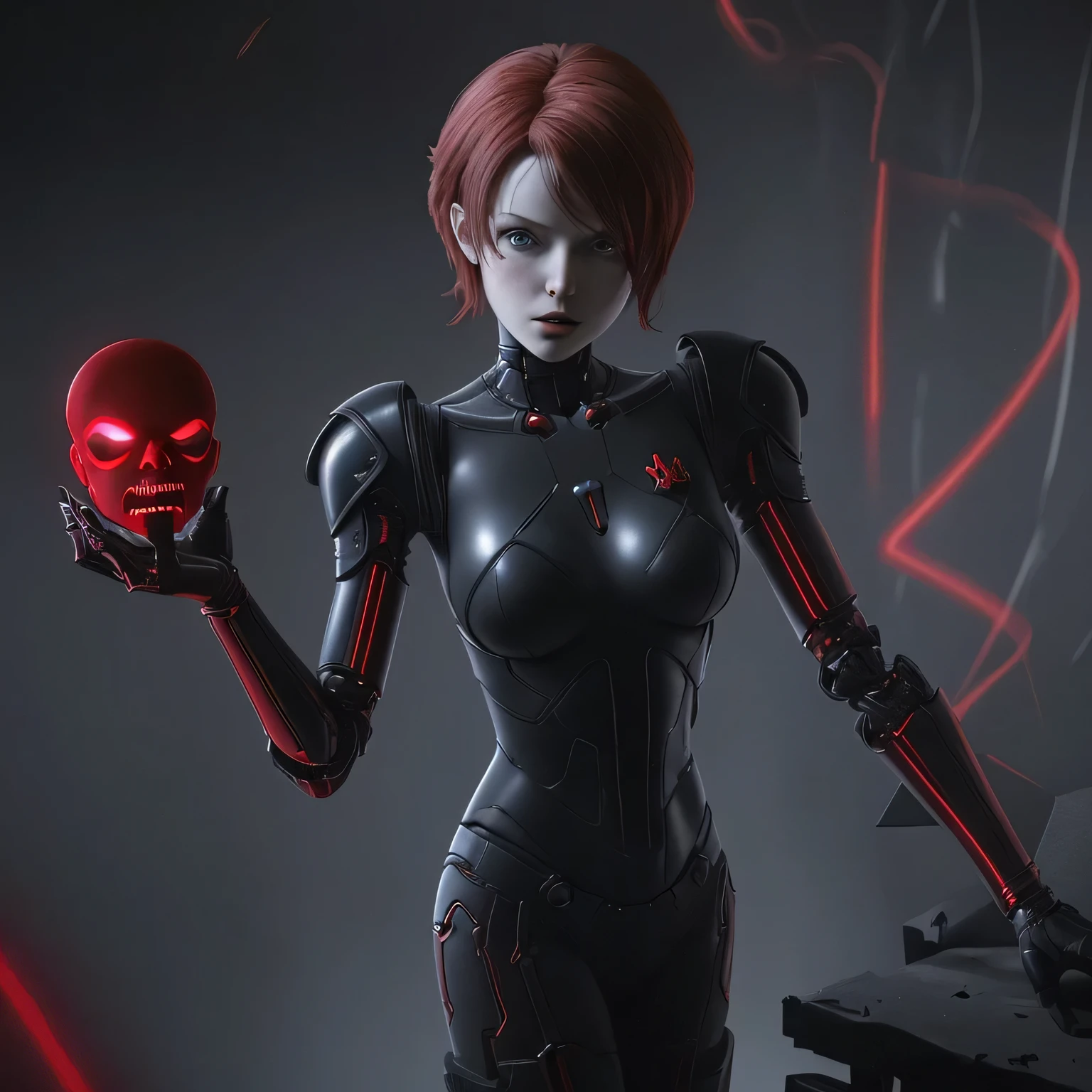 Resident evil kid red queen a red artificial intelligence hologram with a polite and kind appearance who commands an evil organization of soldier-like agents 