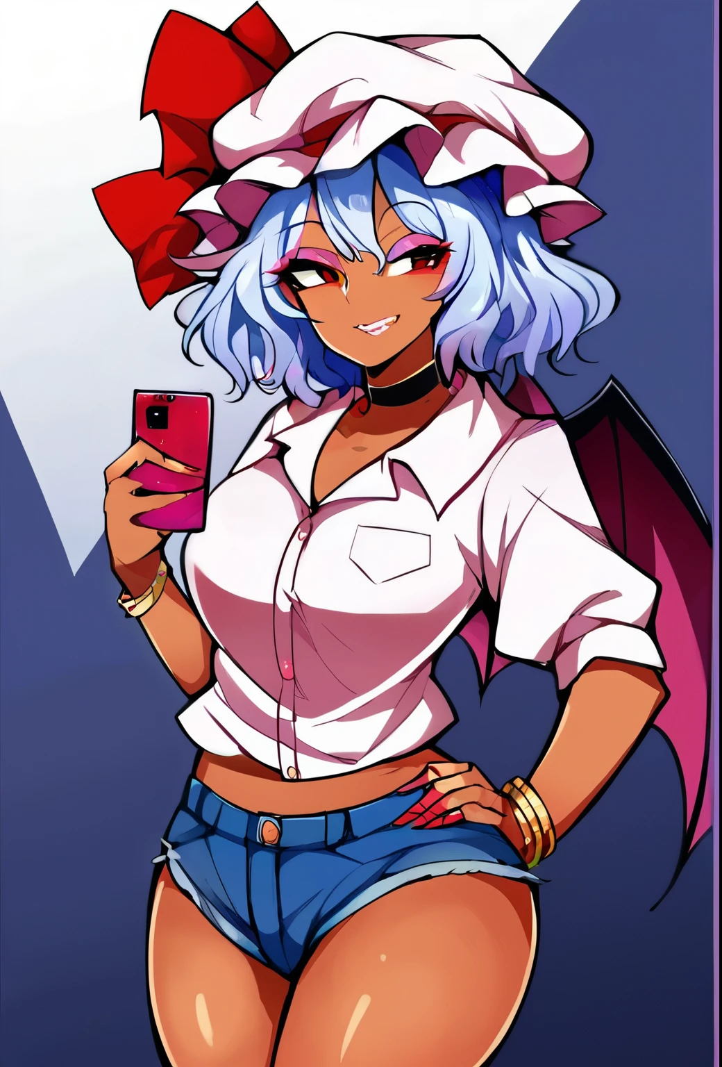 source_anime, (2d), score_9, score_8_up, score_7_up, score_6_up, score_5_up, score_4_up, solo, 1girl, standing, holding phone, looking at phone, hand on hip, gyaru, tanned skin, pink thin lips, choker, makeup, pink eyeshadow, jewelry, smile, remilia_scarlet_touhou, red_eyes, short_hair, bat_wings, wings, ribbon, hat, blue_hair, mob_cap, hair_between_eyes, hat_ribbon, bangs, smile, red_ribbonr, cowboy shot