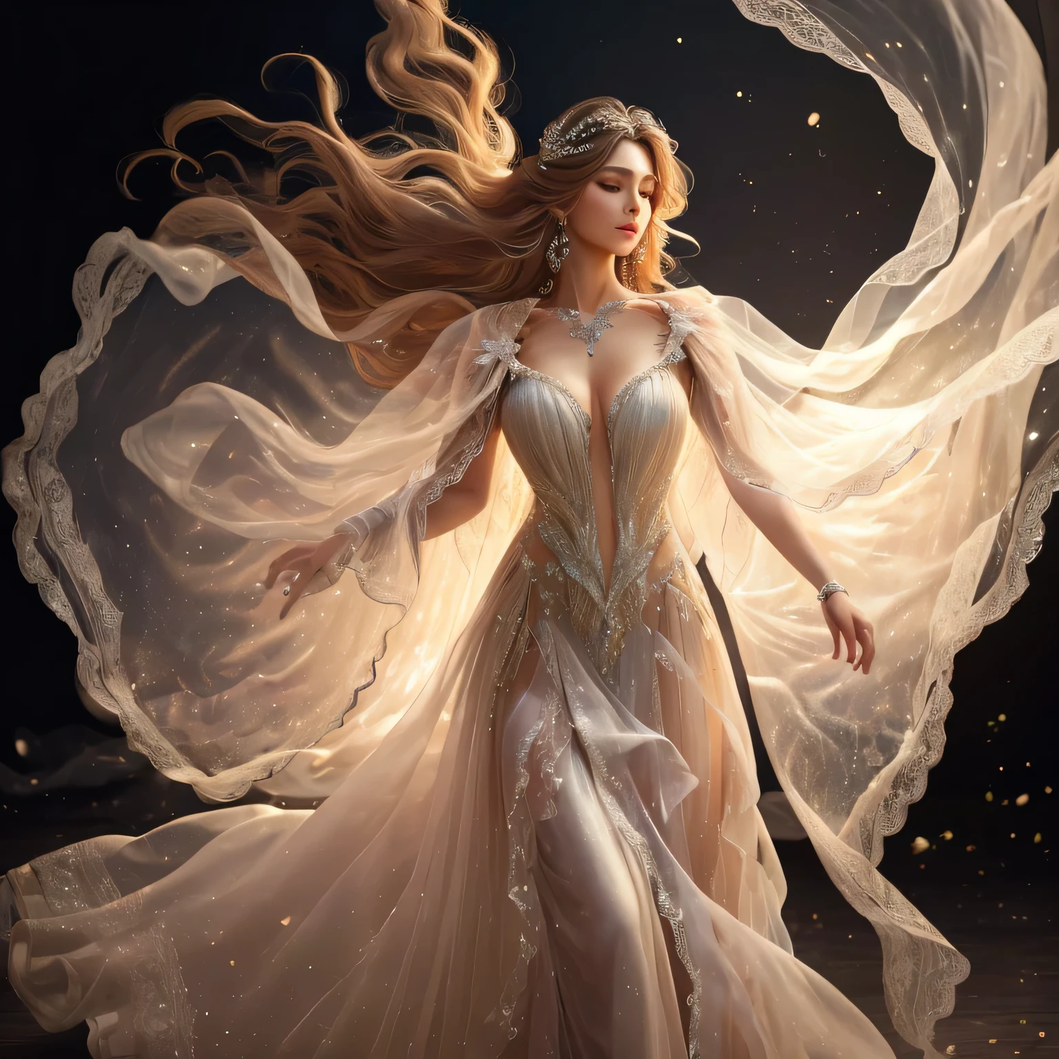 (ultra-realistic,highres:1.2),beautiful woman in sheer gown,gorgeous detailed eyes,long flowing hair,floating ethereal fabrics,elegant pose,vivid colors,soft lighting,luxurious texture,ethereal atmosphere,portrait,romantic,colorful,hint of mystery