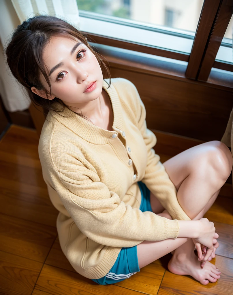 ((beste-Qualit、8K分辨率、Master masterpiece、Portrait:1.3)), photo- realistic, disposable camera, 35㎜ film, 1人の女性, japanes, Beautie, 42 year old, hair wavy, Wrinkles at the corners of the eyes, (Sweaters、Show me your panties :1.5)) , (Messy room: 1.3), Jumbled background、Messy floors、Old house
