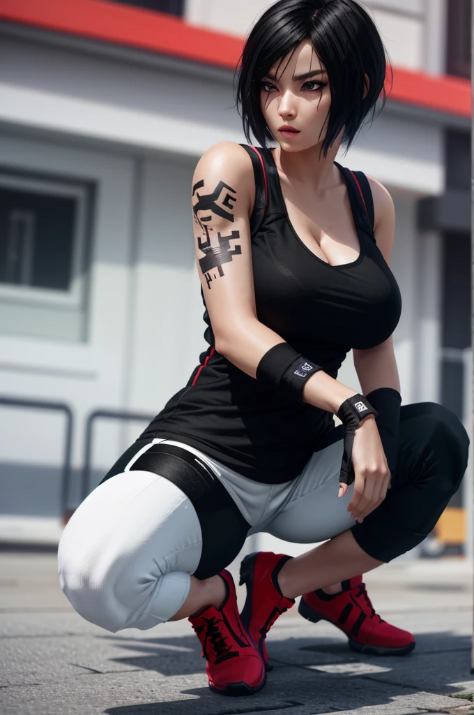 8k resolution, high res, absurd res, FaithMirror, 1girl, solo, gloves, tattoo, fingerless gloves, pants, realistic, one knee, black hair, shoes, sneakers, short hair, tank top, lips, red footwear, face tattoo, big boob, large breasts, exposed cleavage, thicc, wide hips, big eyes, tight clothes