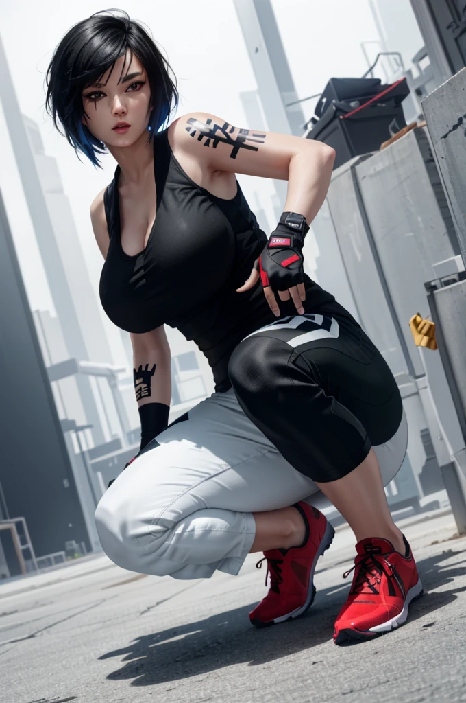 8k resolution, high res, absurd res, FaithMirror, 1girl, solo, gloves, tattoo, fingerless gloves, pants, realistic, one knee, black hair, shoes, sneakers, short hair, tank top, lips, red footwear, face tattoo, big boob, large breasts, exposed cleavage, thicc, wide hips, big eyes, tight clothes