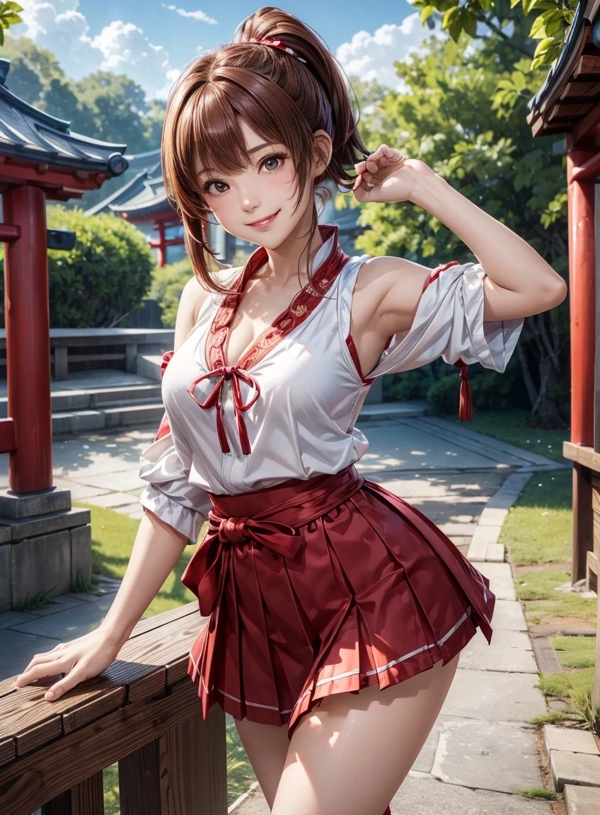 (highest quality:1.3), High resolution, Very detailed, Very detailedな CG Unity 8k 壁紙, Realistic, photo-Realistic, RAW Photos, Beautiful and detailed face, White skin, Realistic glistening skin, High-quality fabric, Detailed hair texture, Perfect body, Beautiful Features, Accurate fingering, Anatomically correct, Very detailedな顔と肌の質感, One Girl, cute, Redhead, ((Side Ponytail, Brown eyes: 1. 2)), ((Slanted Eyes:1.3))、Thick bangs, (A teasing smile: 1.2), shrine maiden costume、Pleated skirt、short boots、Fire effect、