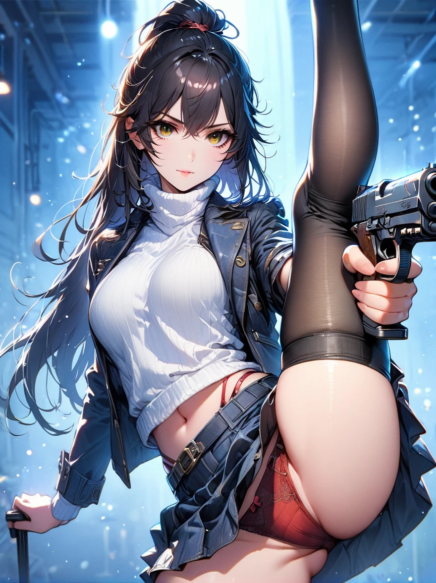 (best quality:1.2), 1 girl, standing_split, long black hair, white turtleneck sweater, mini skirt, stockings, red panties, Beautiful and delicate eyes, Beautiful and delicate lips, Extremely detailed eyes and face, long eyelashes, bright colors, professional, Super detailed, actual, studio lighting, Physically based rendering，holding gun with both hands，Aim at you