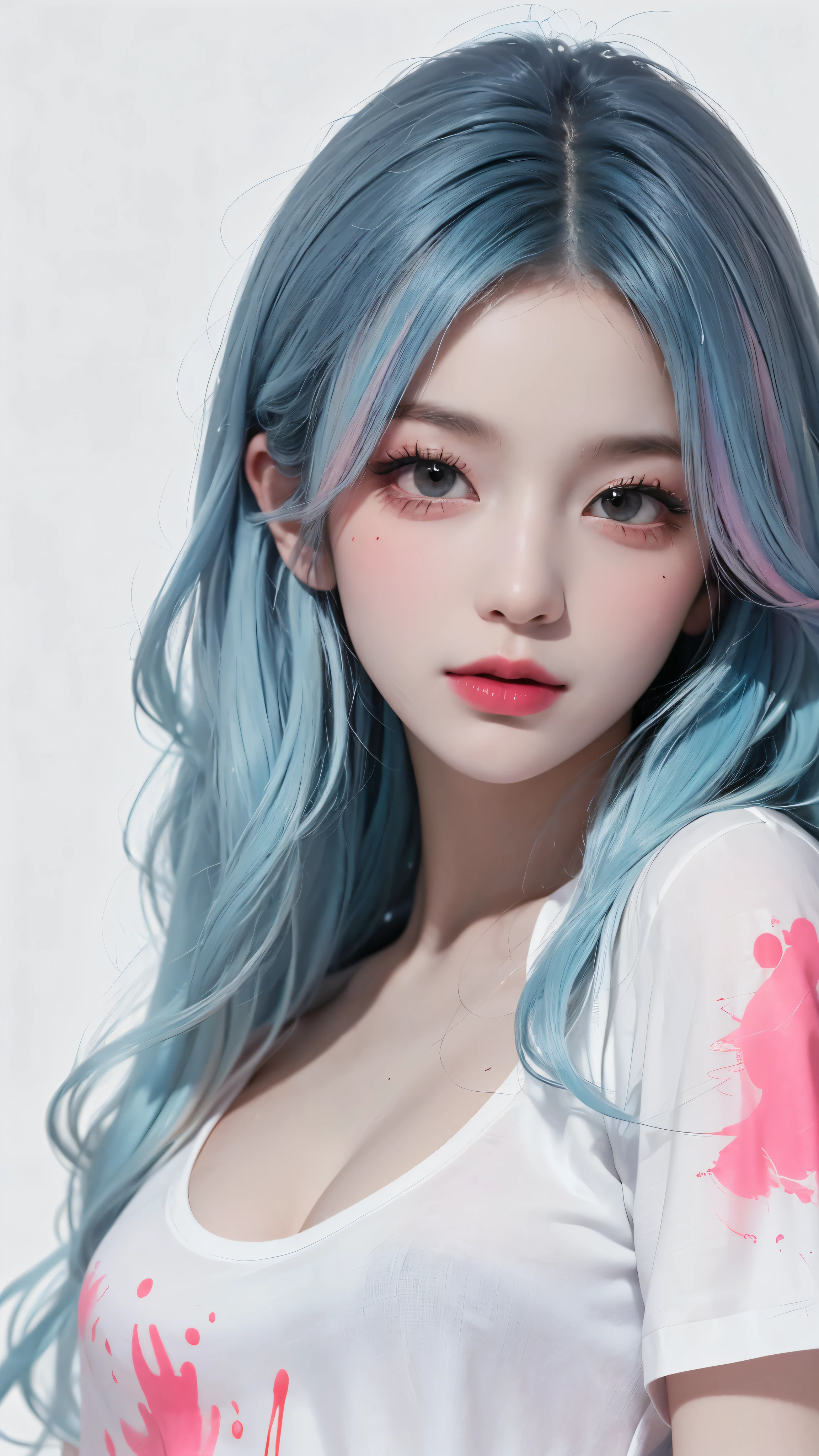 (masterpiece, highest quality, High resolution), White Background, Acrylic paint, ((Color Splash, Ink splash, Color Splash)), Kind Chinese girl, Long Light blue hair, [Light blue|pink] hair, Curly hair, glitter, Peach-colored lips, White shirt, front, Upper Body