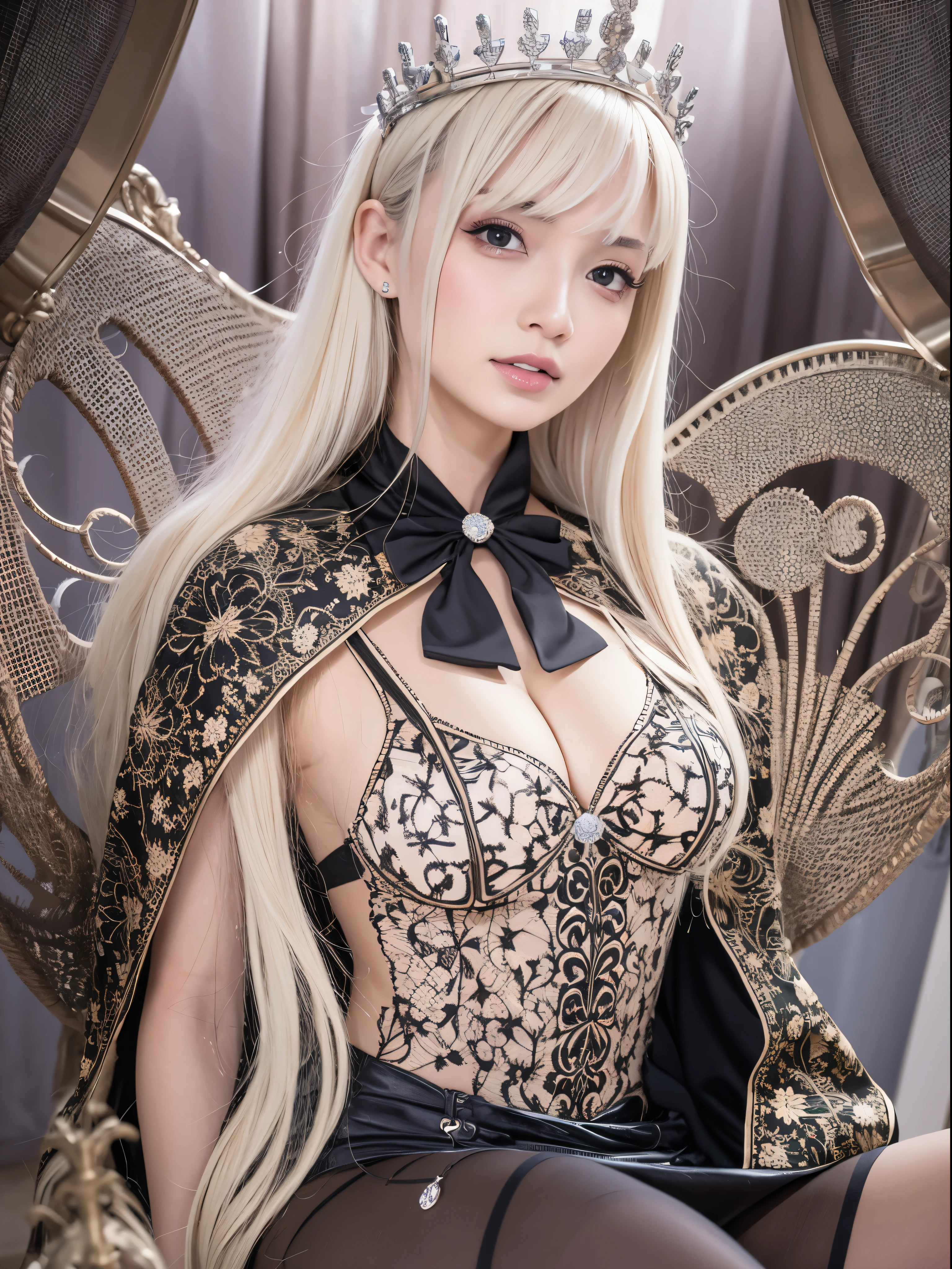 (highest quality:1.0), (Ultra-high resolution:1.0), (Detailed beautiful girl:1.4), Beautiful royal princess, Platinum Blonde Hair, Ryal dress with fine details, ribbon, (Complex scepter:1.2), (Detailed cloak), Beautiful, smooth, white, shiny skin, View your viewers, Front view, (Ulzzang-6500-v1.1:0.2), Detailed Gems, (Complex thrones:1.2) , (Half Body),big breasts,Spread your legs,Light_smile,tears,