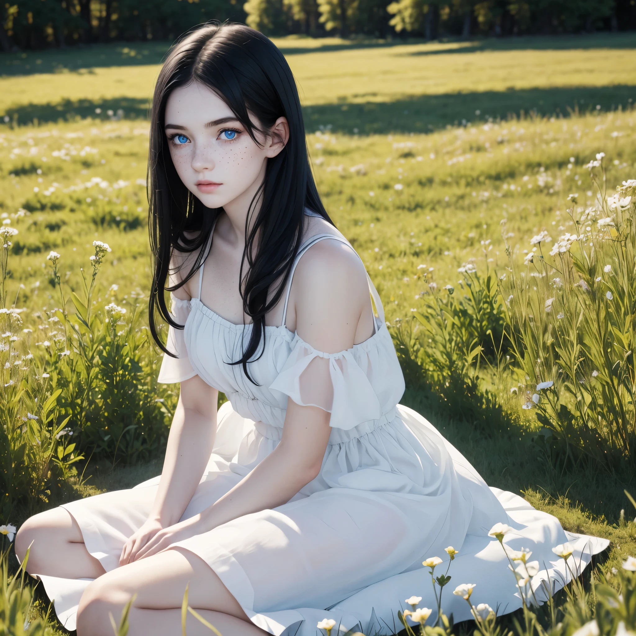 Young girl with black hair, blue eyes, pale skin, Freckles, in a white dress, sitting in the meadow of light