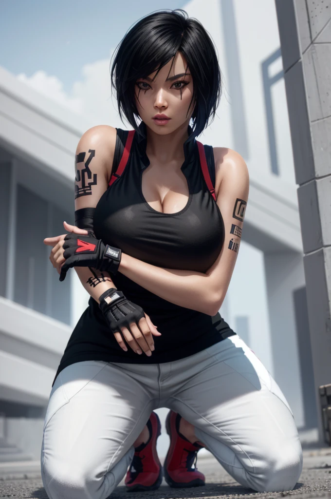 8k resolution, high res, absurd res, FaithMirror, 1girl, solo, gloves, tattoo, fingerless gloves, pants, realistic, one knee, black hair, shoes, sneakers, short hair, tank top, lips, red footwear, face tattoo, big boob, large breasts, exposed cleavage, thicc, wide hips, big eyes, tight clothes