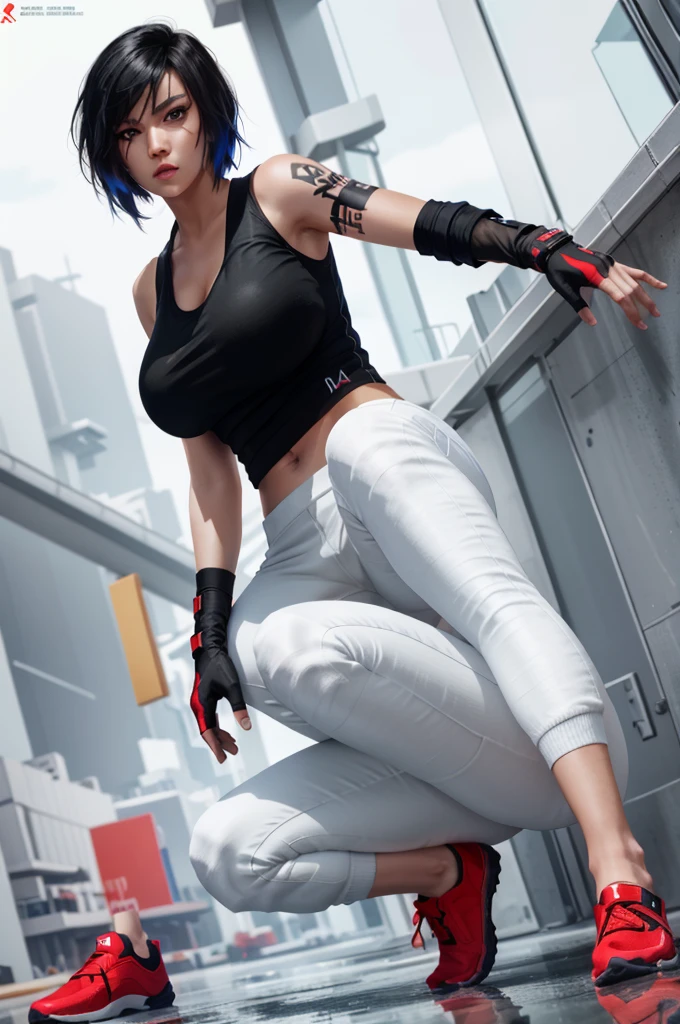 8k resolution, high res, absurd res, FaithMirror, 1girl, solo, gloves, tattoo, fingerless gloves, pants, realistic, one knee, black hair, shoes, sneakers, short hair, tank top, lips, red footwear, face tattoo, big boob, large breasts, exposed cleavage, thicc, wide hips, big eyes, tight clothes