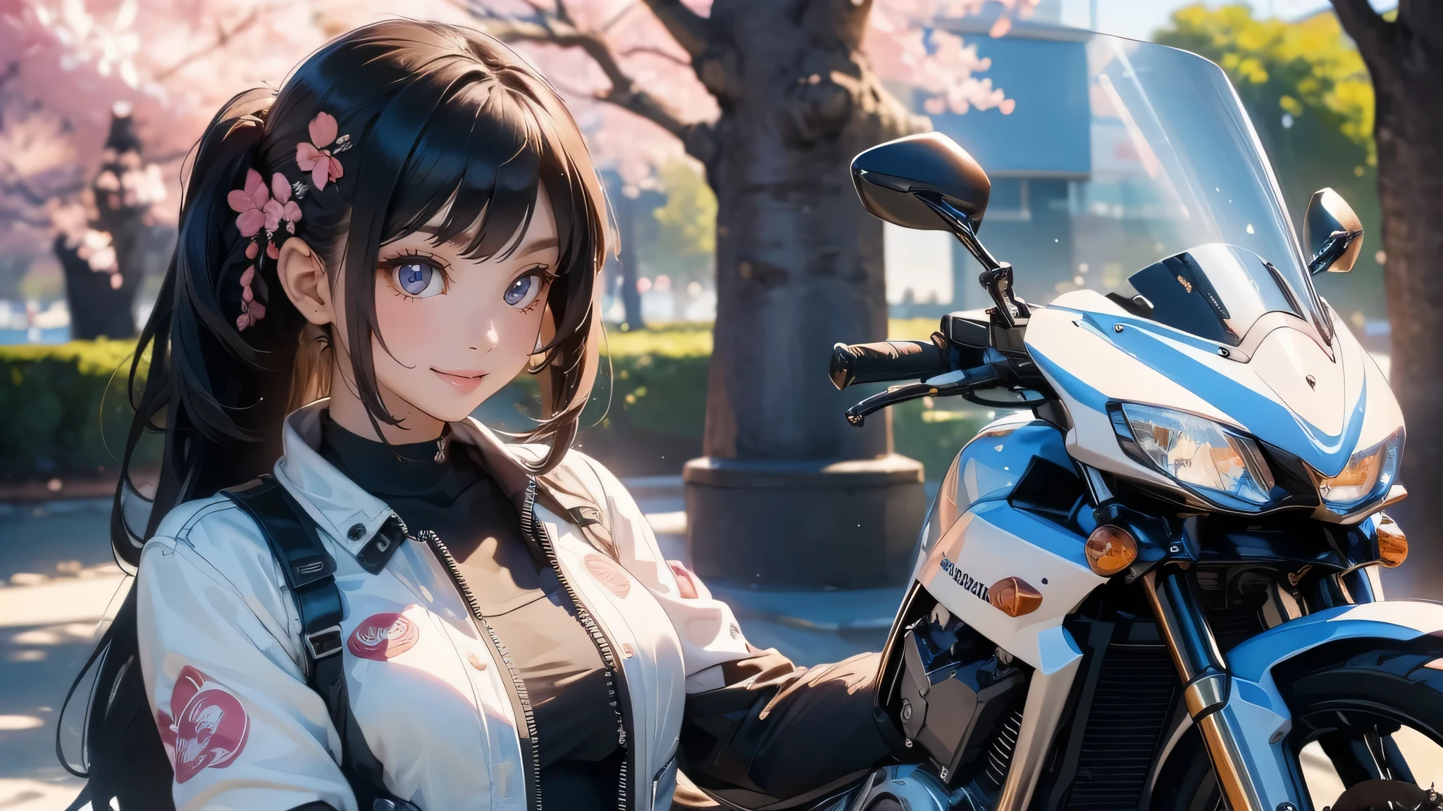 (girl riding a motorcycle:1.2),A park where cherry blossoms dance,high school girl,(random cute pose),(random hairstyle),(Highest image quality,(8K), Ultra-realistic, Best Quality, High quality, High Definition, high quality texture, high detailing, Beautiful detailed, fine detailed, extremely details CG, Detailed texture, realistic representation of face, masterpiece, presence)
