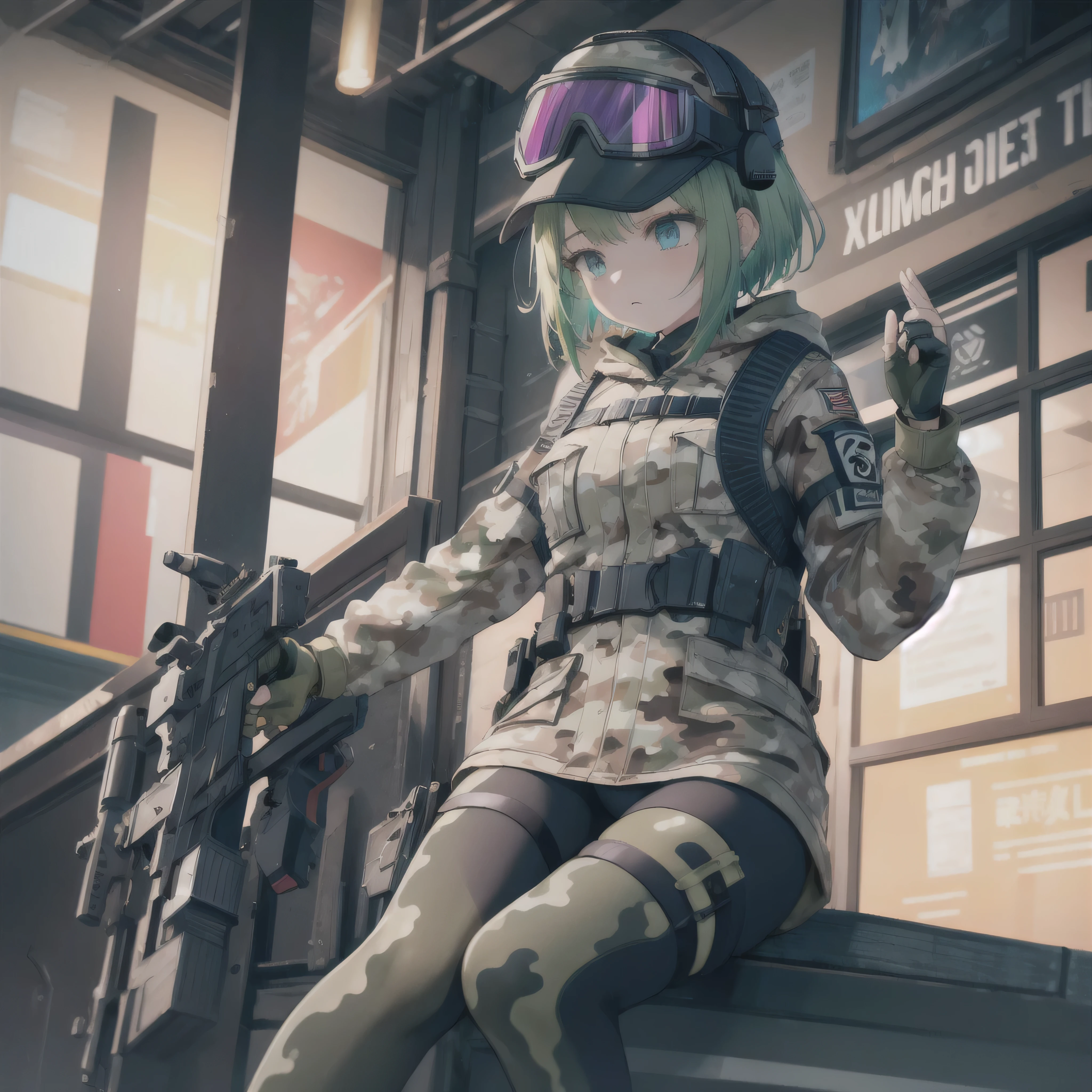 ((masterpiece)),(best quality),official art,extremely detailed CG,unity 8k wallpaper,ultra detailed,1girl,solo,ela, jacket, leggings, latex legwear, fingerless gloves, military uniform, camouflage, baseball cap, goggles on headwear,
1girl, solo, handgun, spotlight, looking down, determined, dramatic