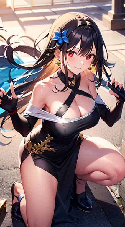 yor briar, anime style beutiful woman, 1girl,fullbody, happy, smile, red face, closed mouth, beautiful detailed eyes, super detailed skin, backlighting, bare shoulders, black background, black dress, black gloves, black hair, breasts, dress, earrings, fingerless gloves, floating hair, floral print, flower, gloves, gold earrings, gold hairband, hair flower, hair ornament, hairband, holding, holding weapon, jewelry, large breasts, long hair, looking at viewer, off-shoulder dress, off shoulder,red eyes, short hair with long locks, sidelocks, solo, spikes, thighs, two-sided dress, two-sided fabric, weapon, fighting stance , face, close up, from above, highest quality, high resolution.
