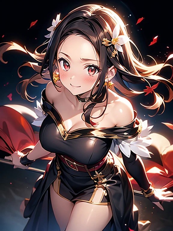 yor briar, anime style beutiful woman, 1girl,fullbody, happy, smile, red face, closed mouth, beautiful detailed eyes, super detailed skin, backlighting, bare shoulders, black background, black dress, black gloves, black hair, breasts, dress, earrings, fingerless gloves, floating hair, floral print, flower, gloves, gold earrings, gold hairband, hair flower, hair ornament, hairband, holding, holding weapon, jewelry, large breasts, long hair, looking at viewer, off-shoulder dress, off shoulder,red eyes, short hair with long locks, sidelocks, solo, spikes, thighs, two-sided dress, two-sided fabric, weapon, fighting stance , face, close up, from above, highest quality, high resolution.