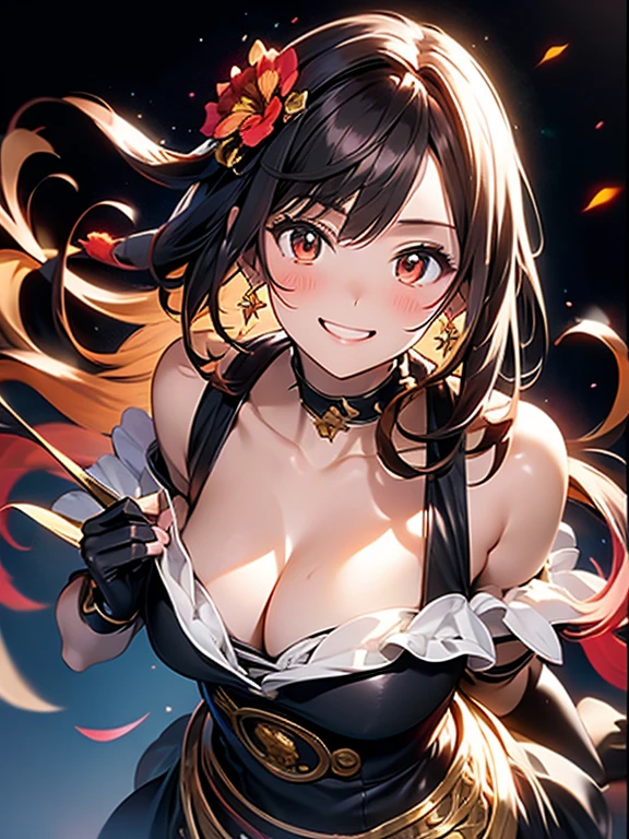 yor briar, anime style beutiful woman, 1girl,fullbody, happy, smile, red face, closed mouth, beautiful detailed eyes, super detailed skin, backlighting, bare shoulders, black background, black dress, black gloves, black hair, breasts, dress, earrings, fingerless gloves, floating hair, floral print, flower, gloves, gold earrings, gold hairband, hair flower, hair ornament, hairband, holding, holding weapon, jewelry, large breasts, long hair, looking at viewer, off-shoulder dress, off shoulder,red eyes, short hair with long locks, sidelocks, solo, spikes, thighs, two-sided dress, two-sided fabric, weapon, fighting stance , face, close up, from above, highest quality, high resolution.