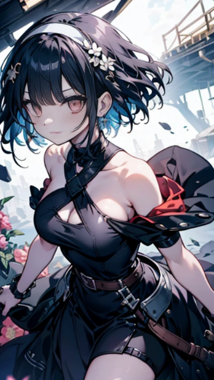 yor briar, anime style beutiful woman, 1girl,fullbody, happy, smile, red face, closed mouth, beautiful detailed eyes, super detailed skin, backlighting, bare shoulders, black background, black dress, black gloves, black hair, breasts, dress, earrings, fingerless gloves, floating hair, floral print, flower, gloves, gold earrings, gold hairband, hair flower, hair ornament, hairband, holding, holding weapon, jewelry, large breasts, long hair, looking at viewer, off-shoulder dress, off shoulder,red eyes, short hair with long locks, sidelocks, solo, spikes, thighs, two-sided dress, two-sided fabric, weapon, fighting stance , face, close up, from above, highest quality, high resolution.