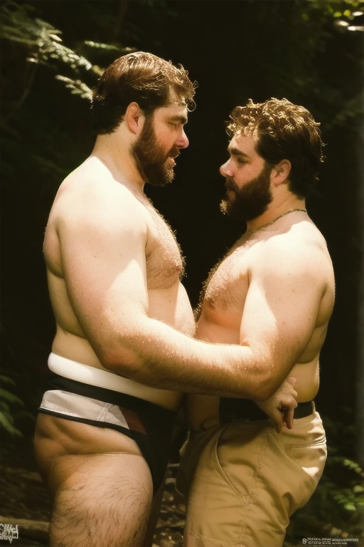 Dois homens de 50 anos, chubby guys with pale skin and strong, hairy chests, um musculoso com o peito peludo usando apenas uma Speedo vermelha e o outro gordinho usando regata branca e short curto, are in a forest, olhando um para o outro. Natural lighting photography effect. 