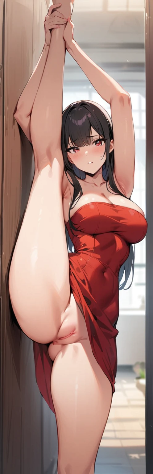 (masterpiece, best quality:1.2), 1girl, solo,standing_split,
long hair,red mide dress,nude pussy