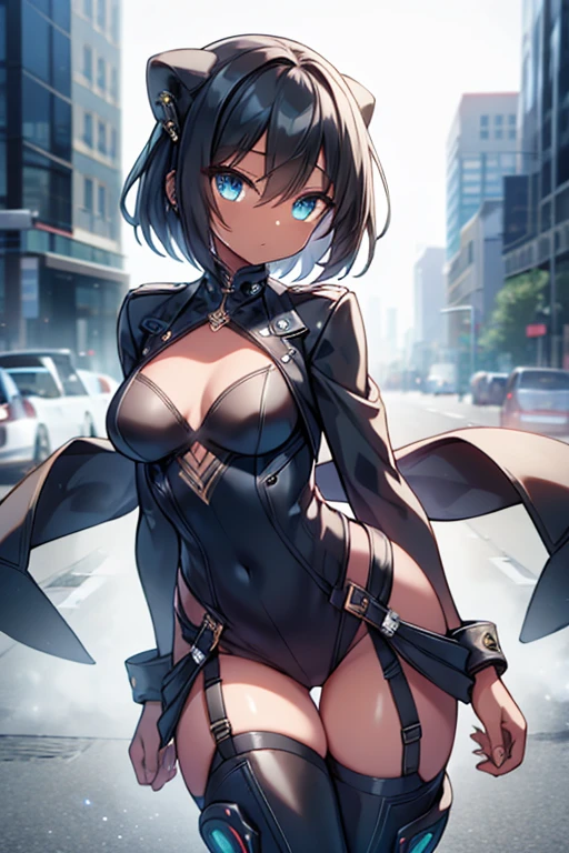 a girl who drives a motorcycle on the road, a 26-year-old girl who looks like a female model, big breasts, real life, perfect photo-realistic picture, detailed fingers, detailed realistic face, perfect short hair Nose, charming girl, (small eyeballs brown, high resolution), perfect mysterious beautiful eyes iris, (perfect detailed face, realistic dark skin tone), skin small pores, skin blemishes, no eyelid errors, human perfection Eyelids, symmetrical and detailed eyes, symmetrical and detailed eyeballs, photo model, seductive gaze, perfect body natural posture, natural limbs, long legs, two arms, two legs, one head, sunny day, realistic shading, mysterious lighting, 16K, Ultra HD, cinematic lighting, nice fingers, real nails, (piercing eyes), nice shape, long legs. Wearing a black sexy motorcycle jacket, sexy reflective striped pants, and black motorcycle sports boots on her legs) (realistic shadows), (realistic high-resolution clear images, bright images), ultra-realistic detailed roads. masterpiece